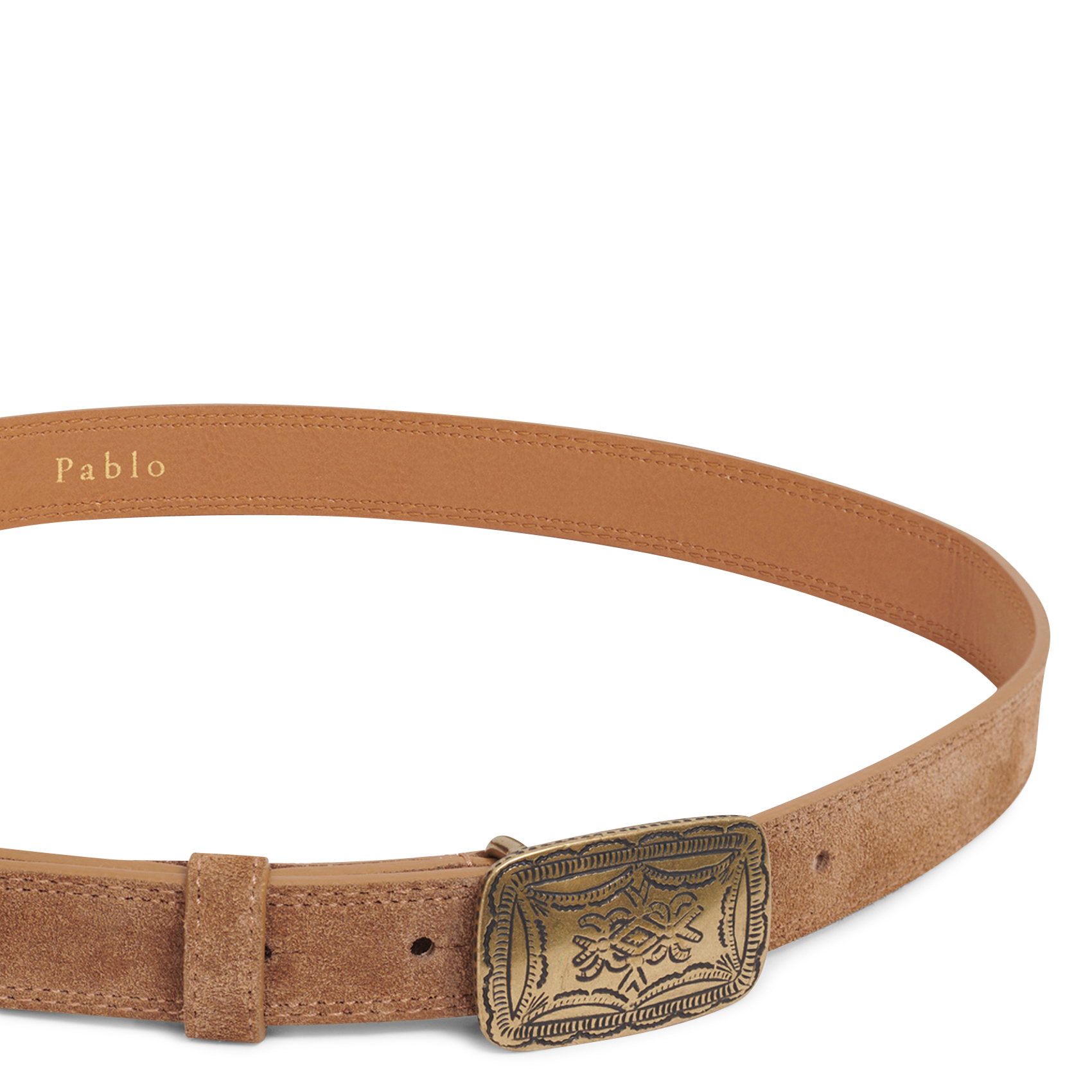 Ceinture à boucle gravée en cuir velours PABLO Marron