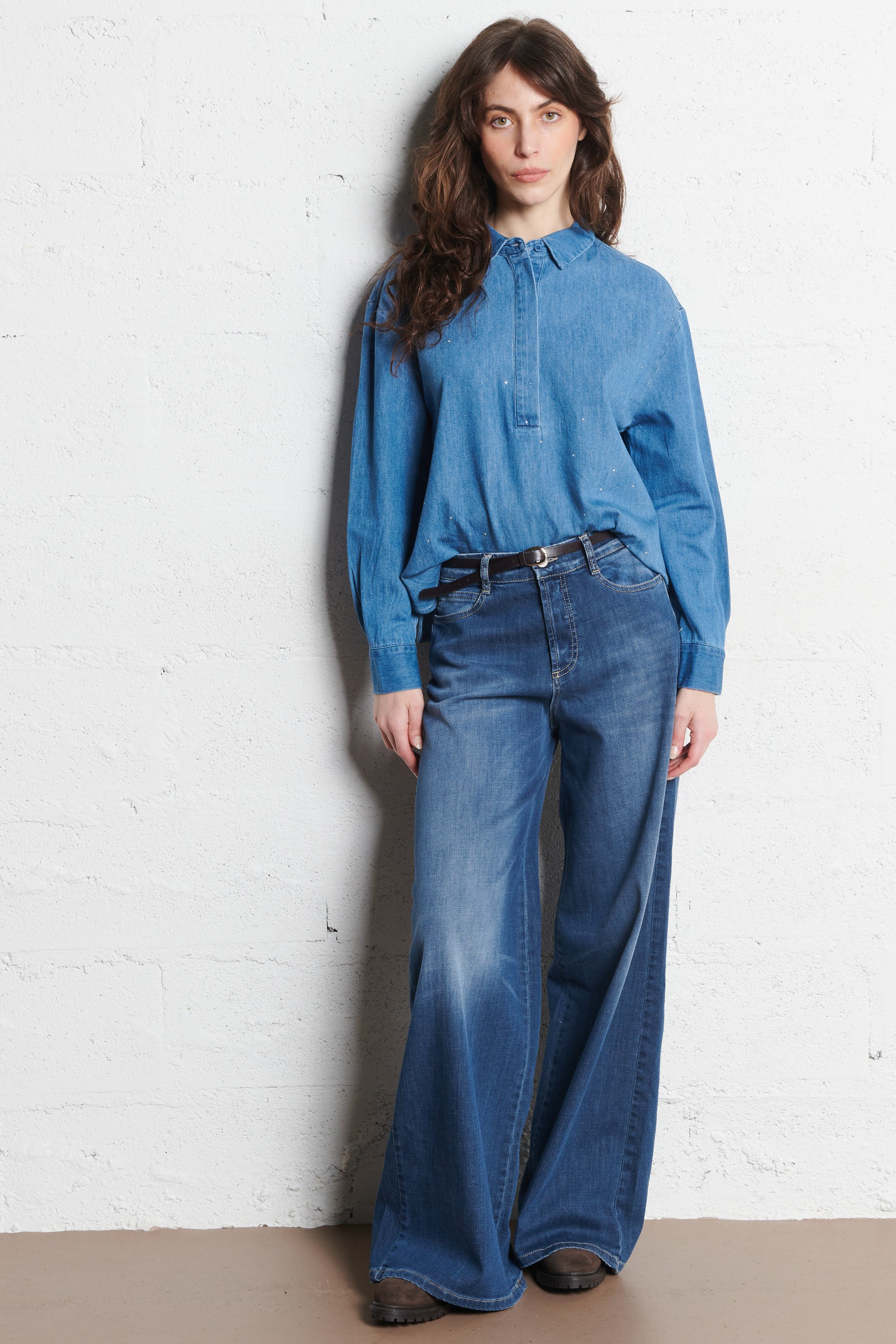 Long-sleeved denim top with rhinestones LE TEMPS DES CERISES Blue