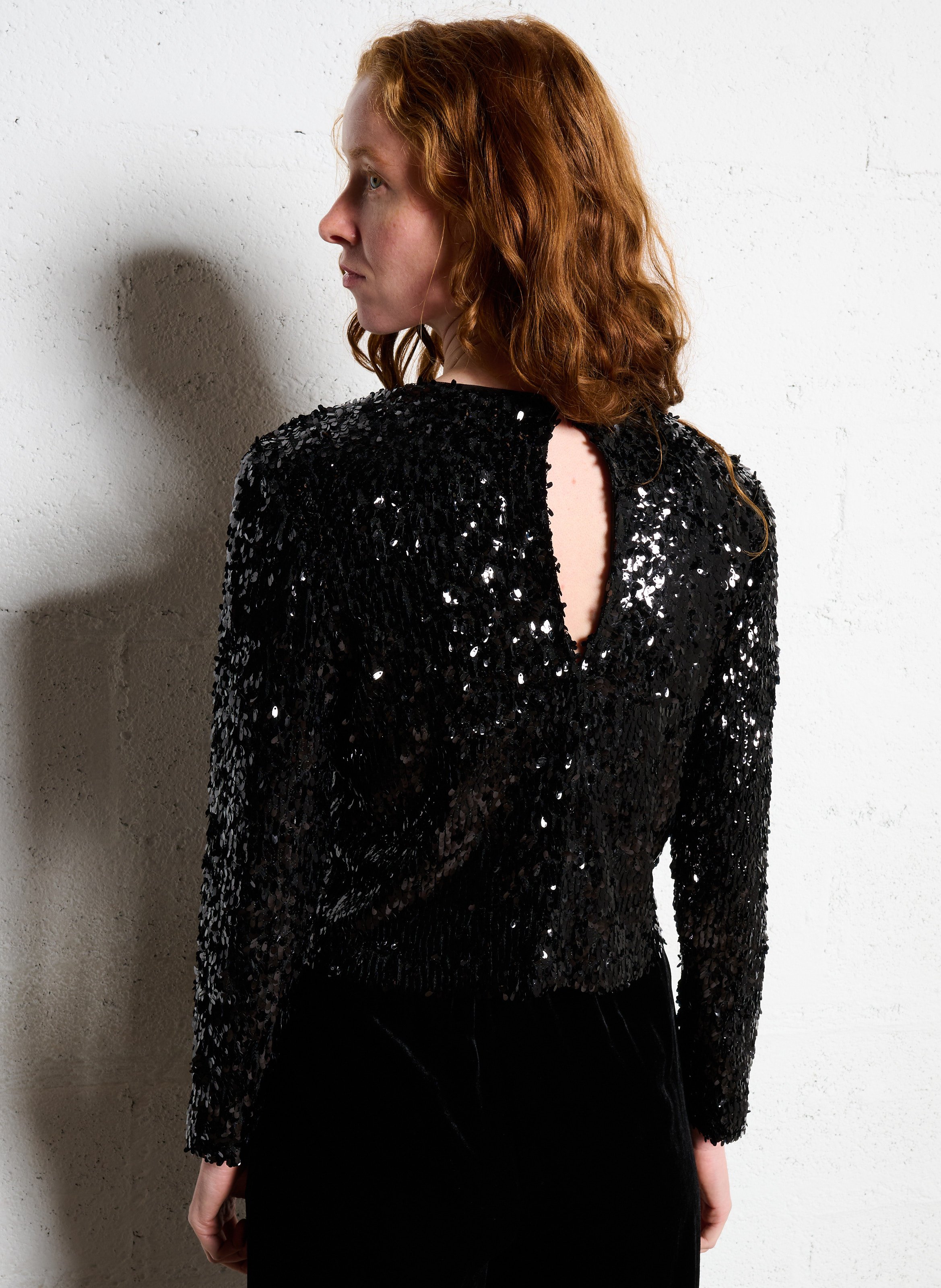 Top col rond à sequins  Noir