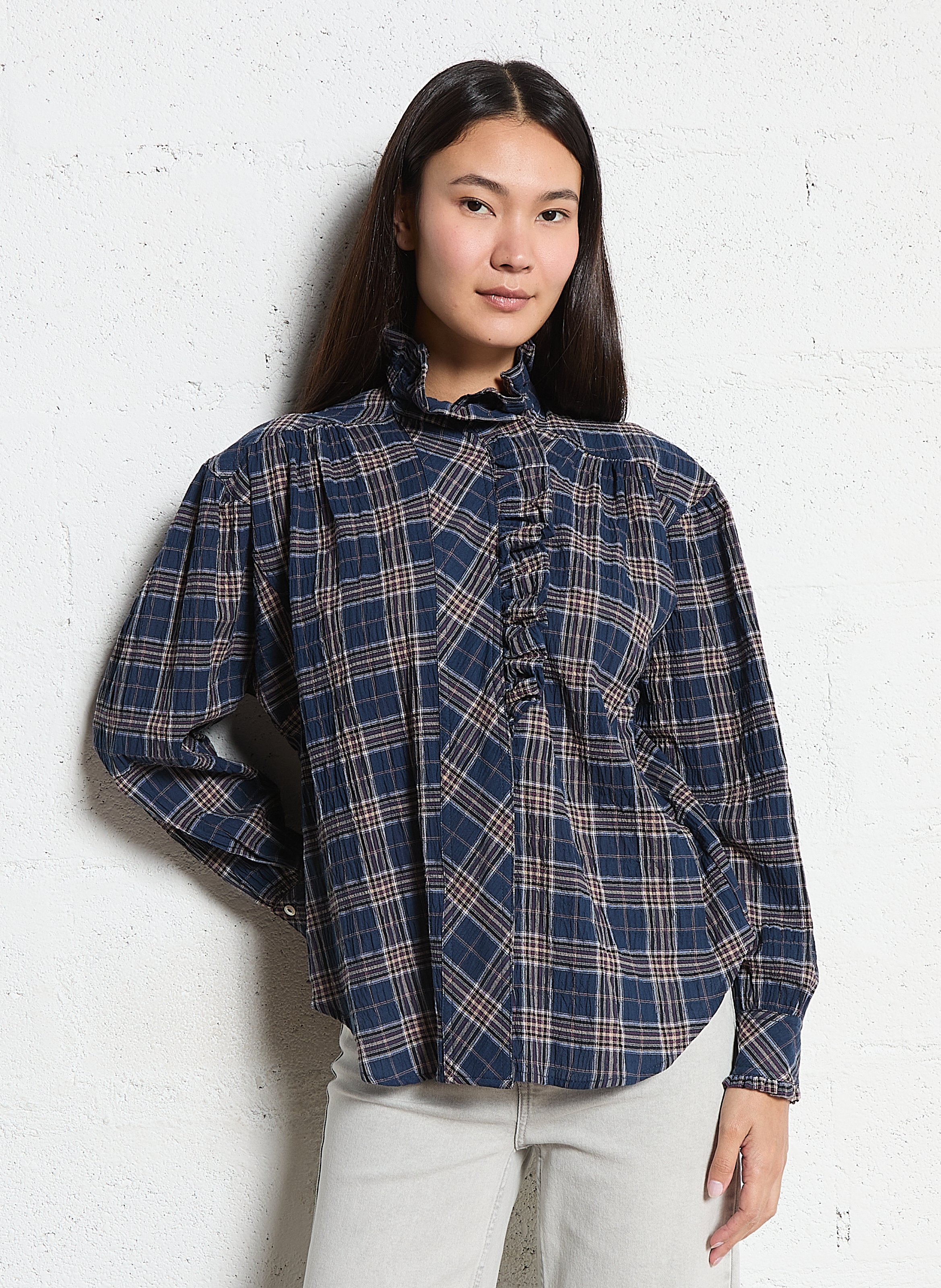 Straight shirt with ruffled collar in checked cotton SOPHIE+LUCIE Blue