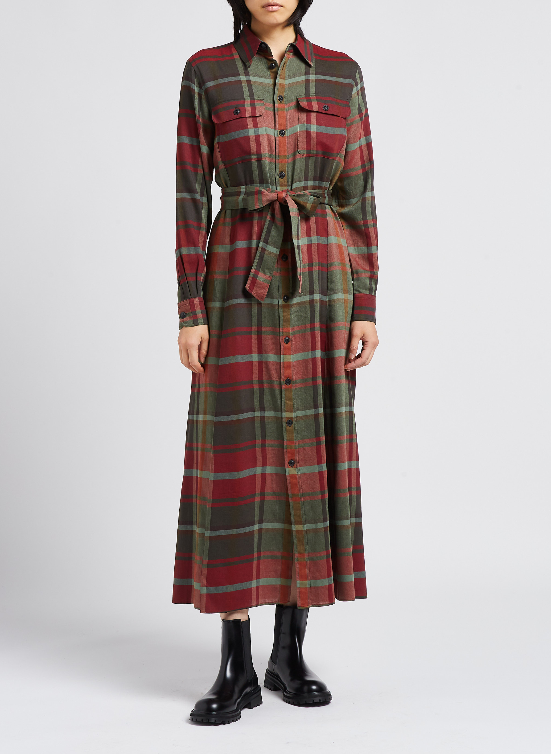 Robe longue col classique à carreaux en coton mélangé  POLO RALPH LAUREN Kaki
