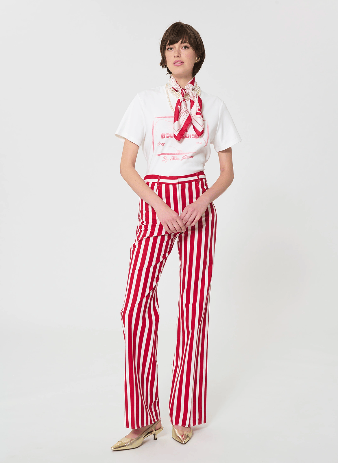 Pantalon tailleur rayé en lin et coton TARA JARMON Rouge
