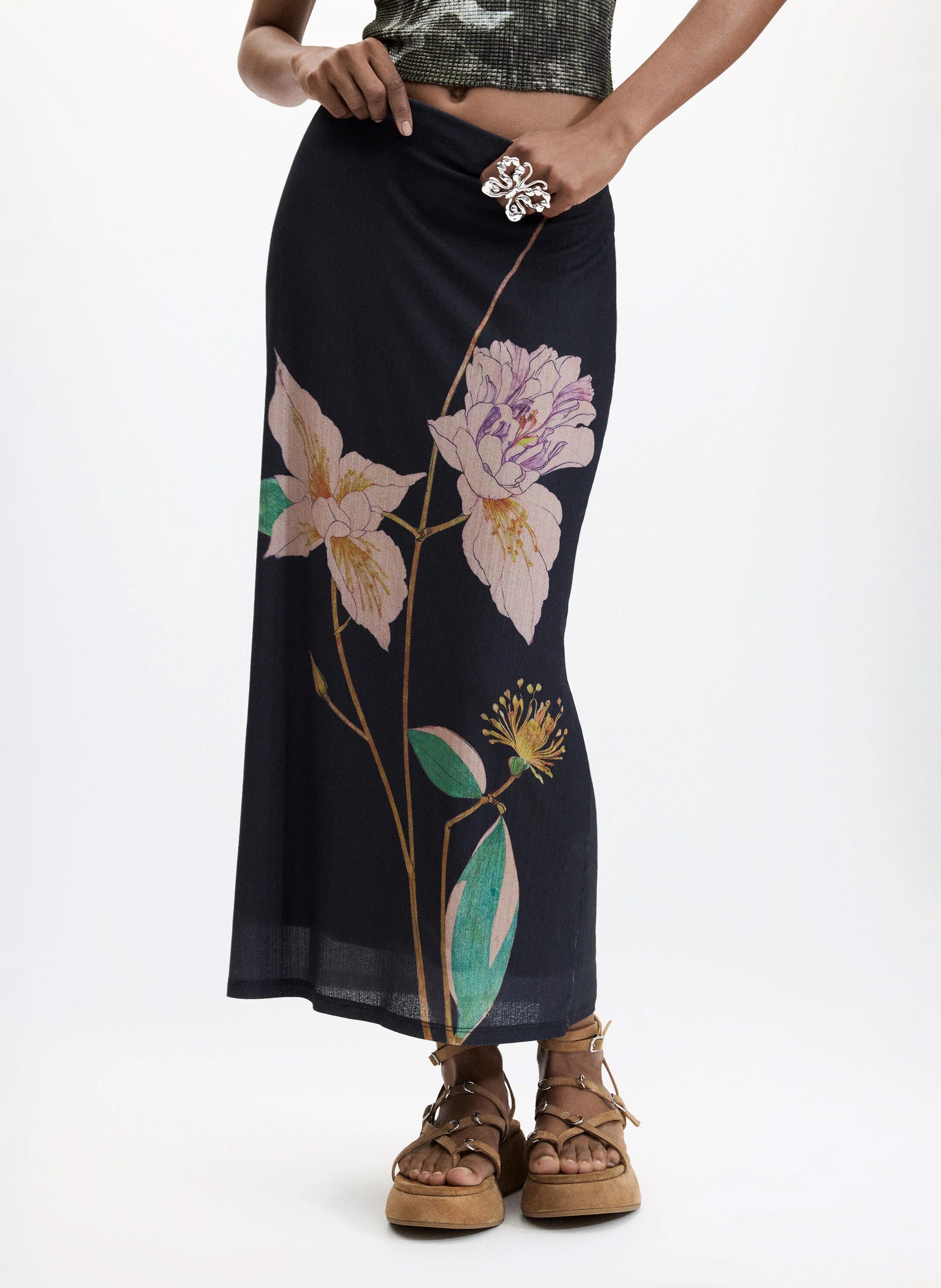 Jupe longue à imprimé floral DESIGUAL Noir