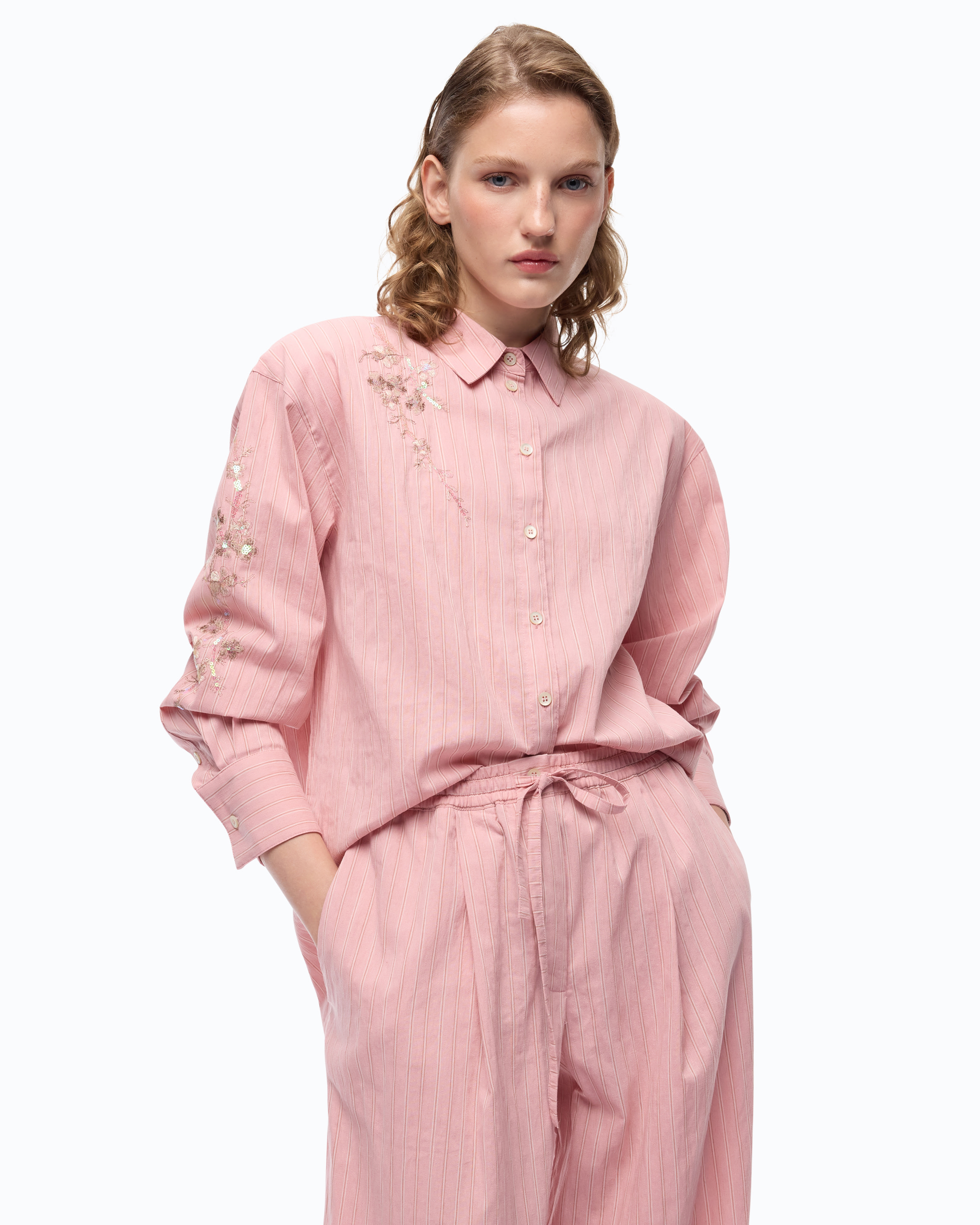 Chemise à rayures avec broderies florales PINKO Rose