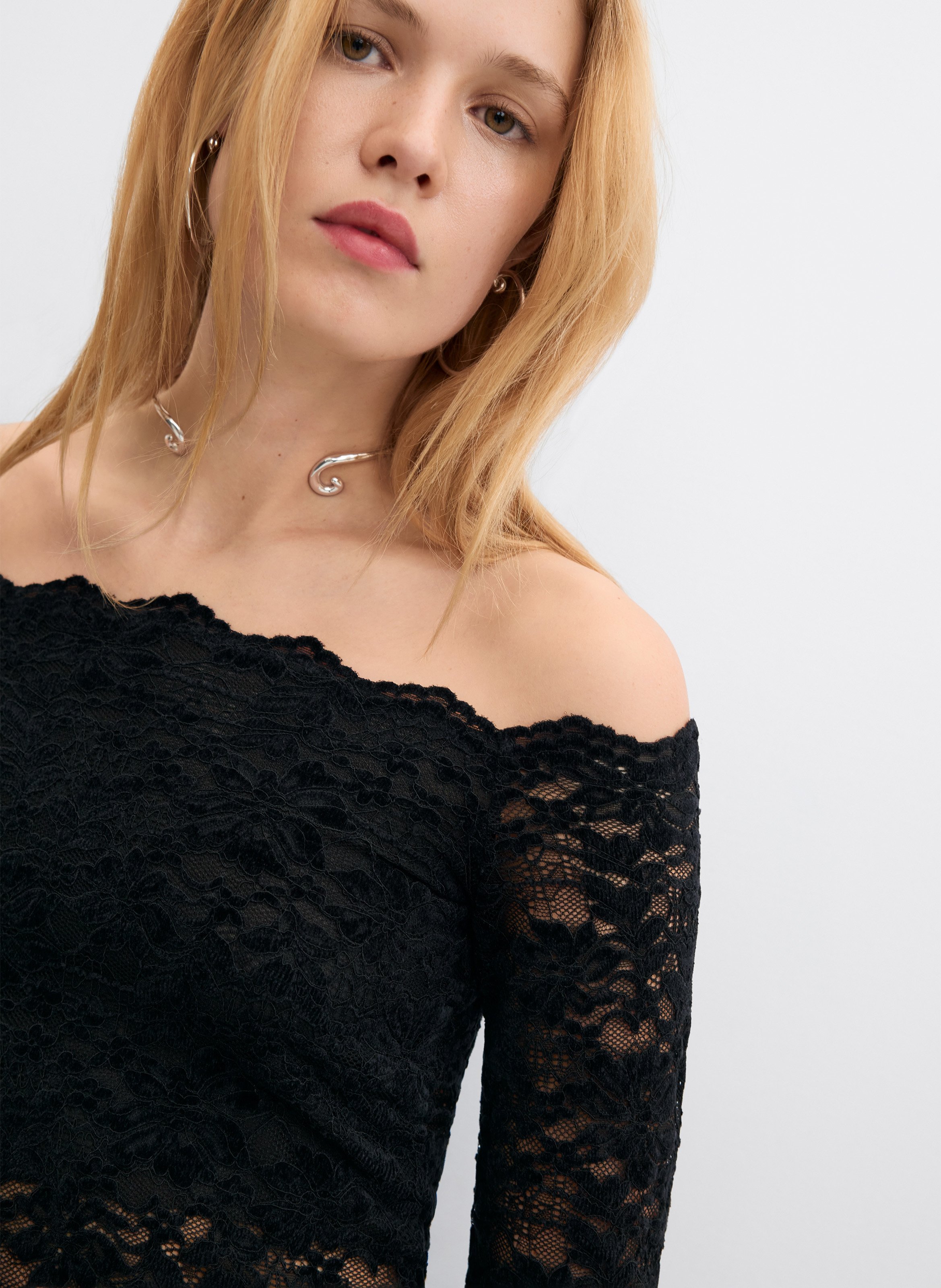 Aansluitende top met 3/4-mouwen van kant DESIGUAL Zwart