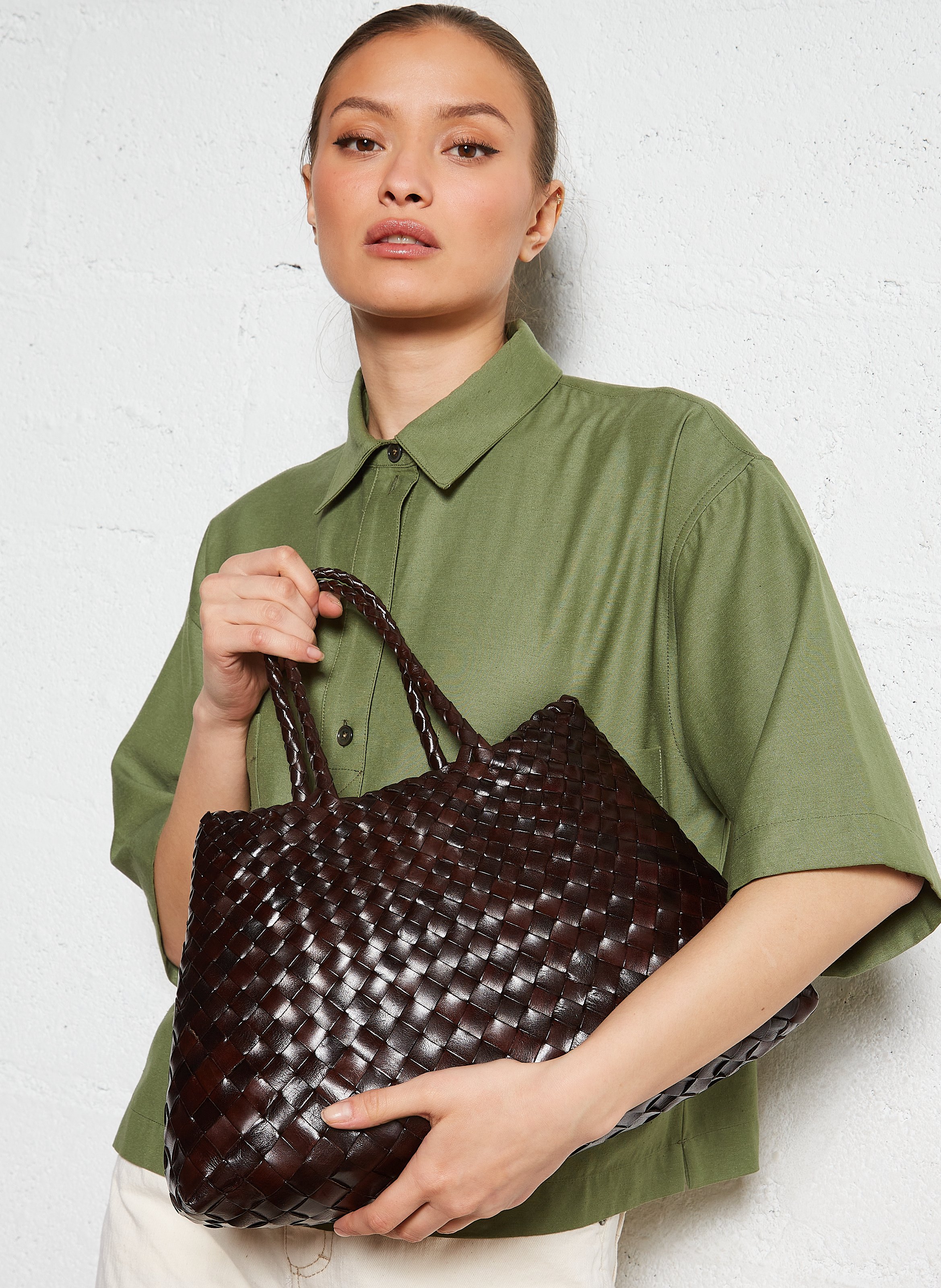 Effen, leren handtas DRAGON DIFFUSION Bruin