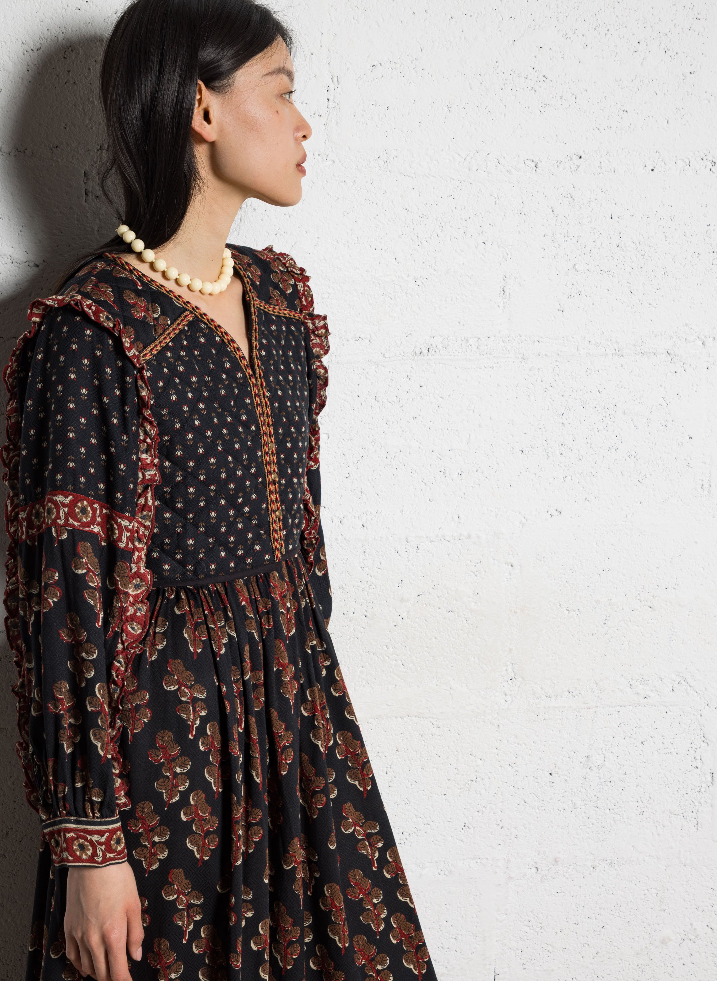 Long dress with split collar printed MAISON HOTEL Brown