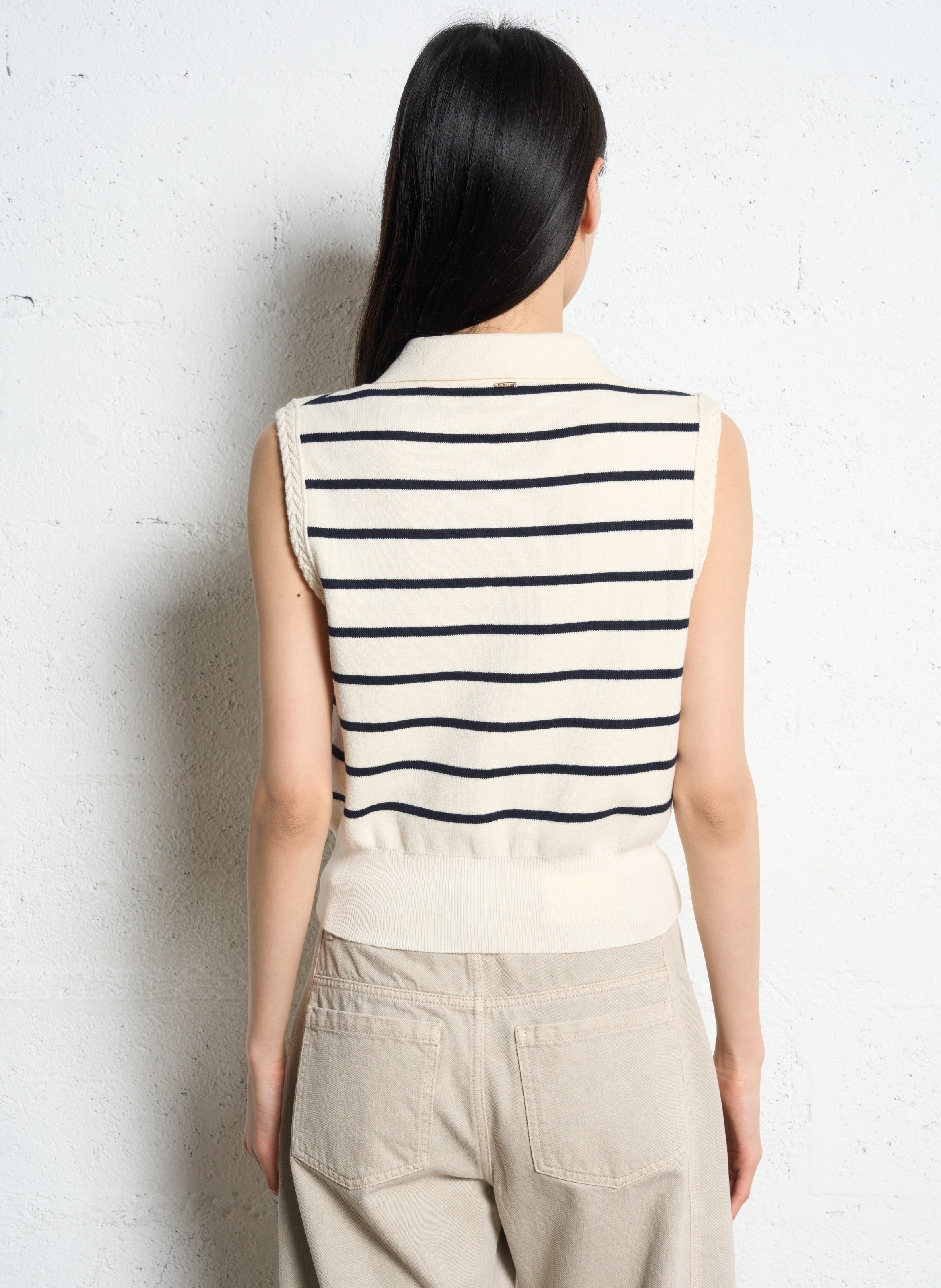 Pull col polo sans manches à rayures  IKKS Blanc