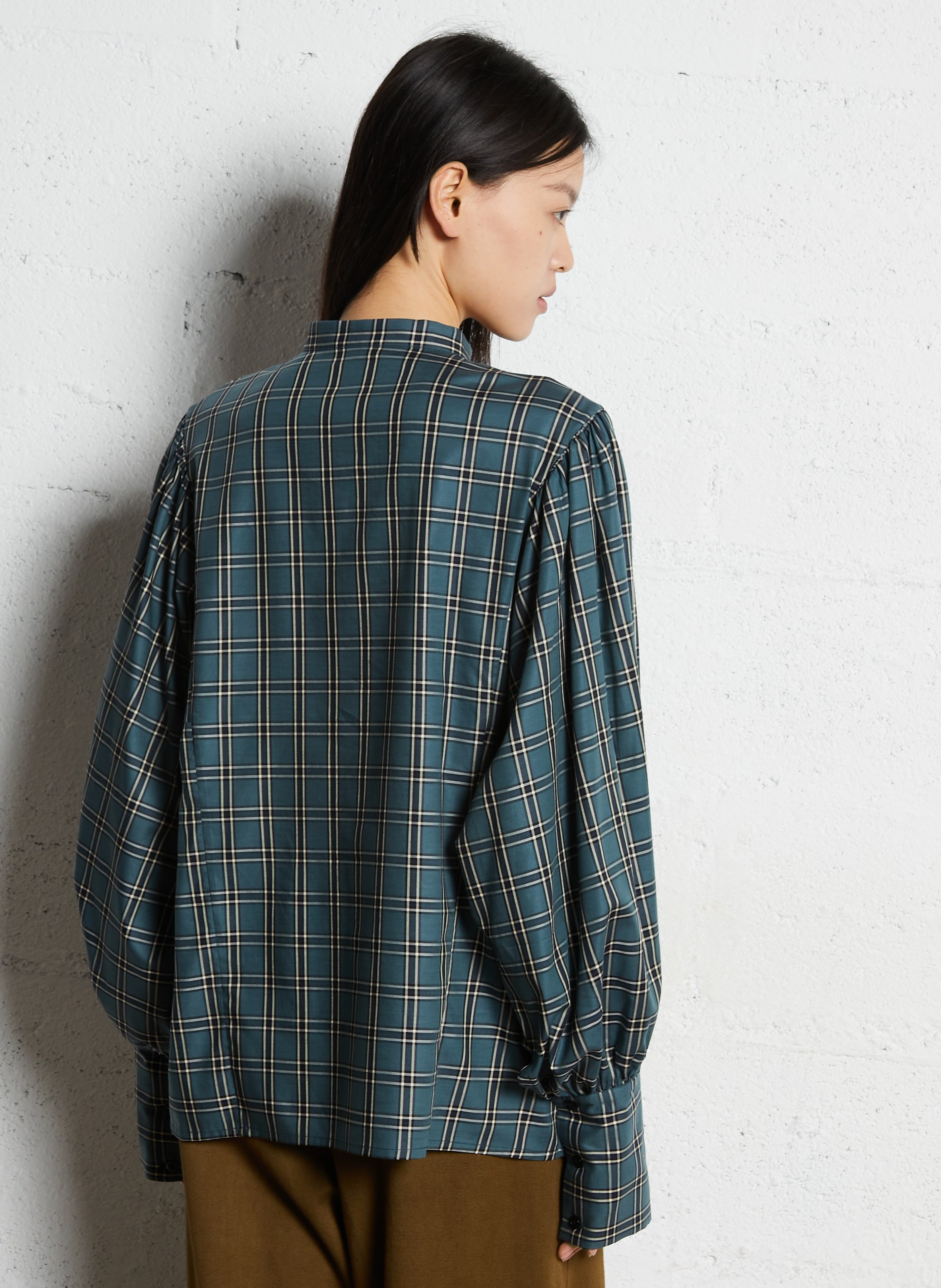 Round neck checkered button-up blouse V DE VINSTER Blue