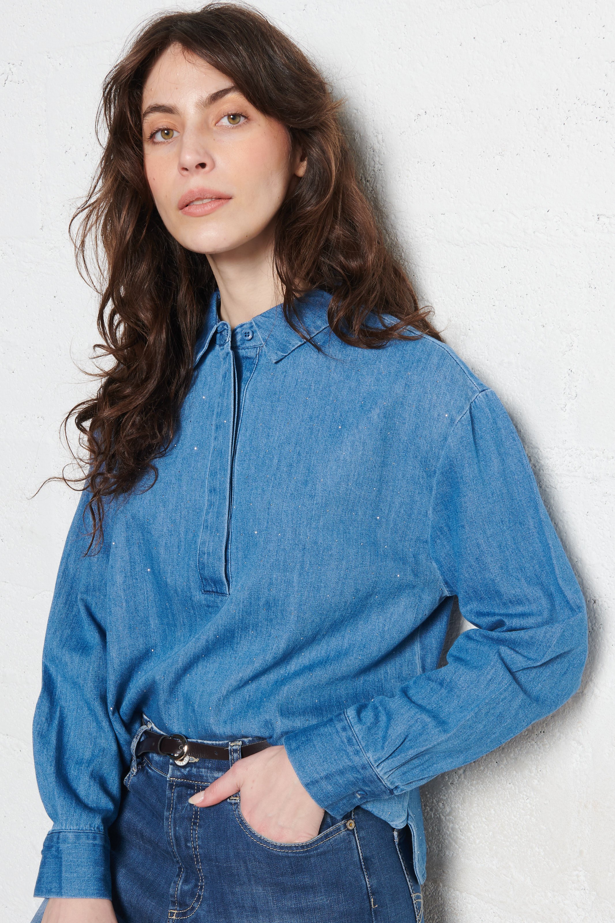 Long-sleeved denim top with rhinestones LE TEMPS DES CERISES Blue