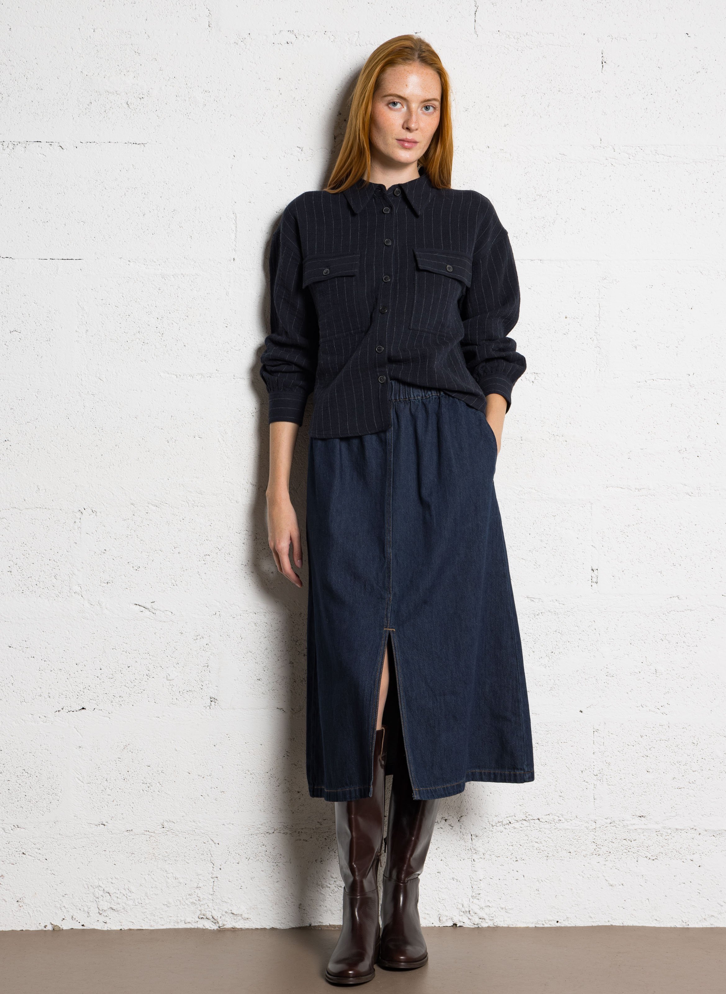 Chemise droite col classique en coton mélangé rayé MAISON 123 Bleu