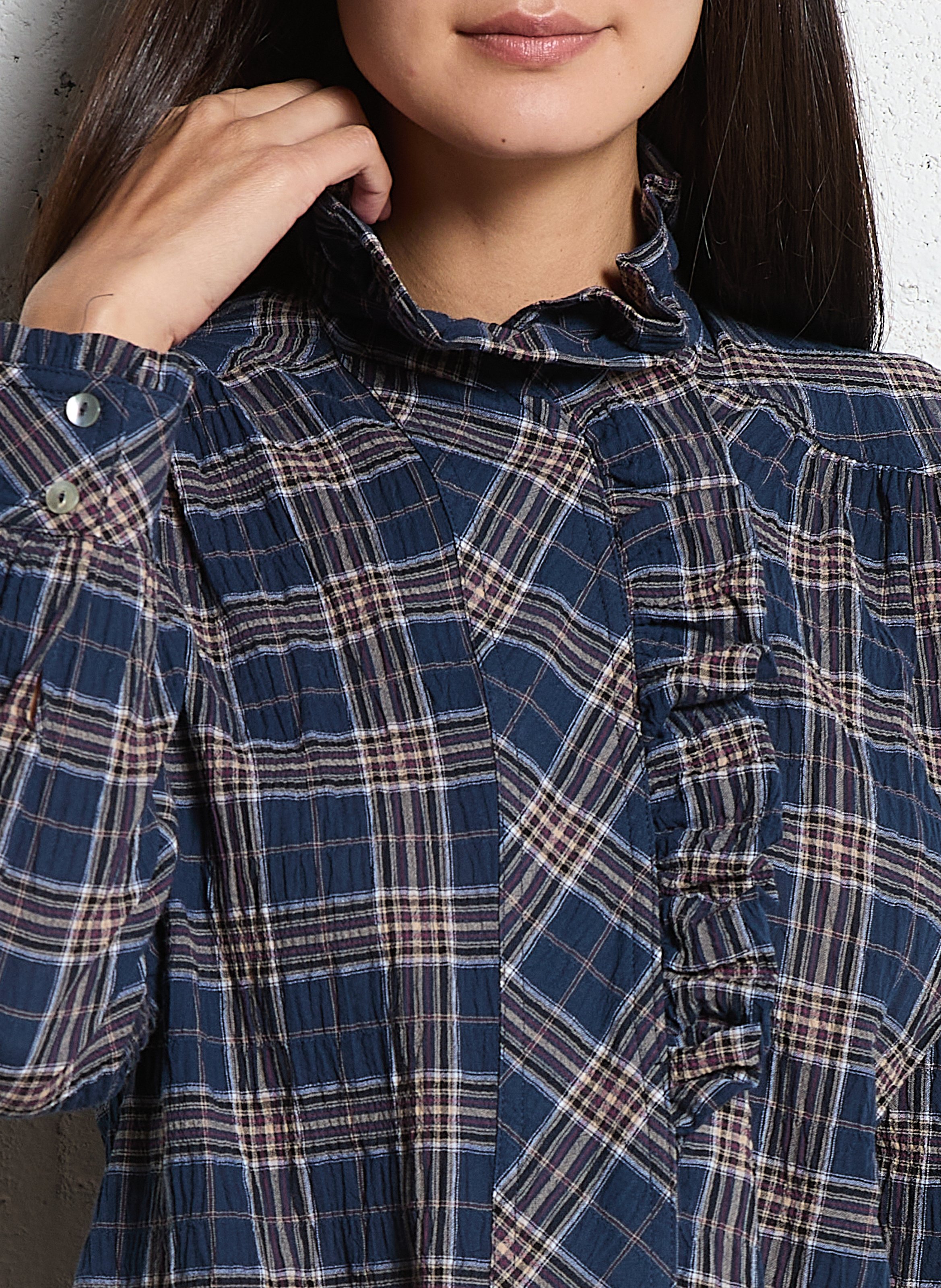 Straight shirt with ruffled collar in checked cotton SOPHIE+LUCIE Blue