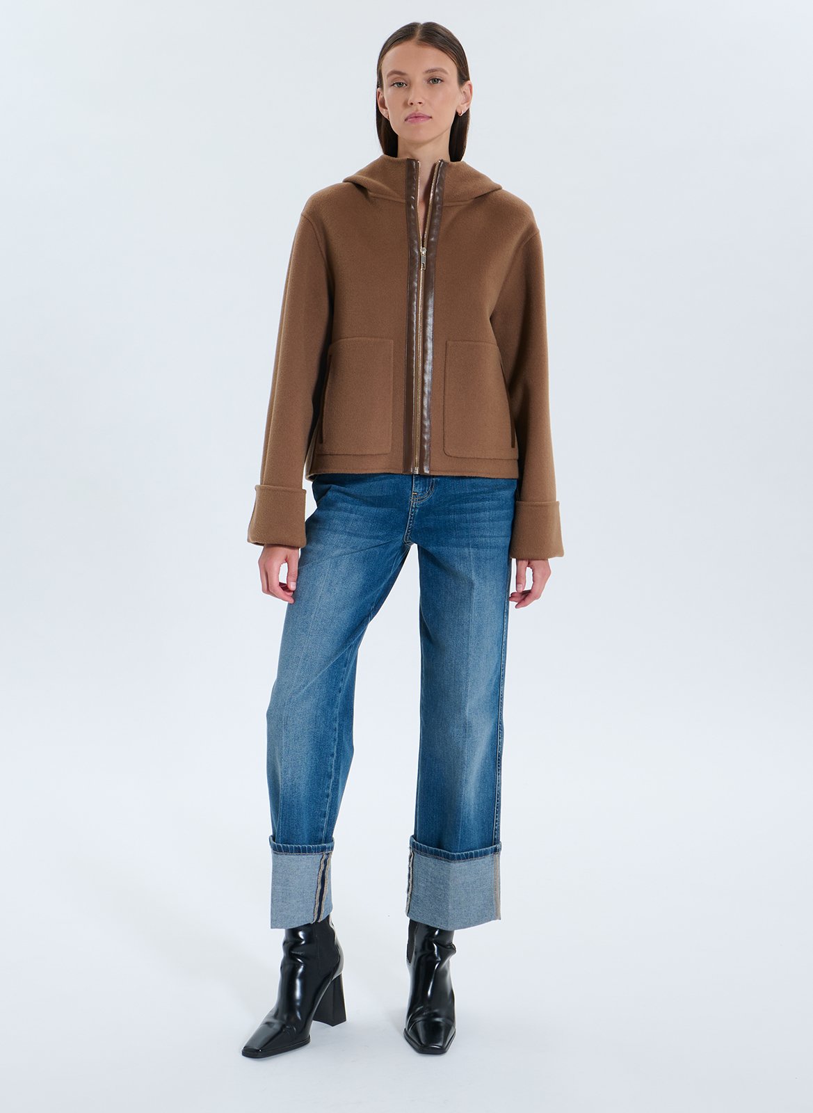 Veste à capuche oversize en laine mélangée ZAPA Marron