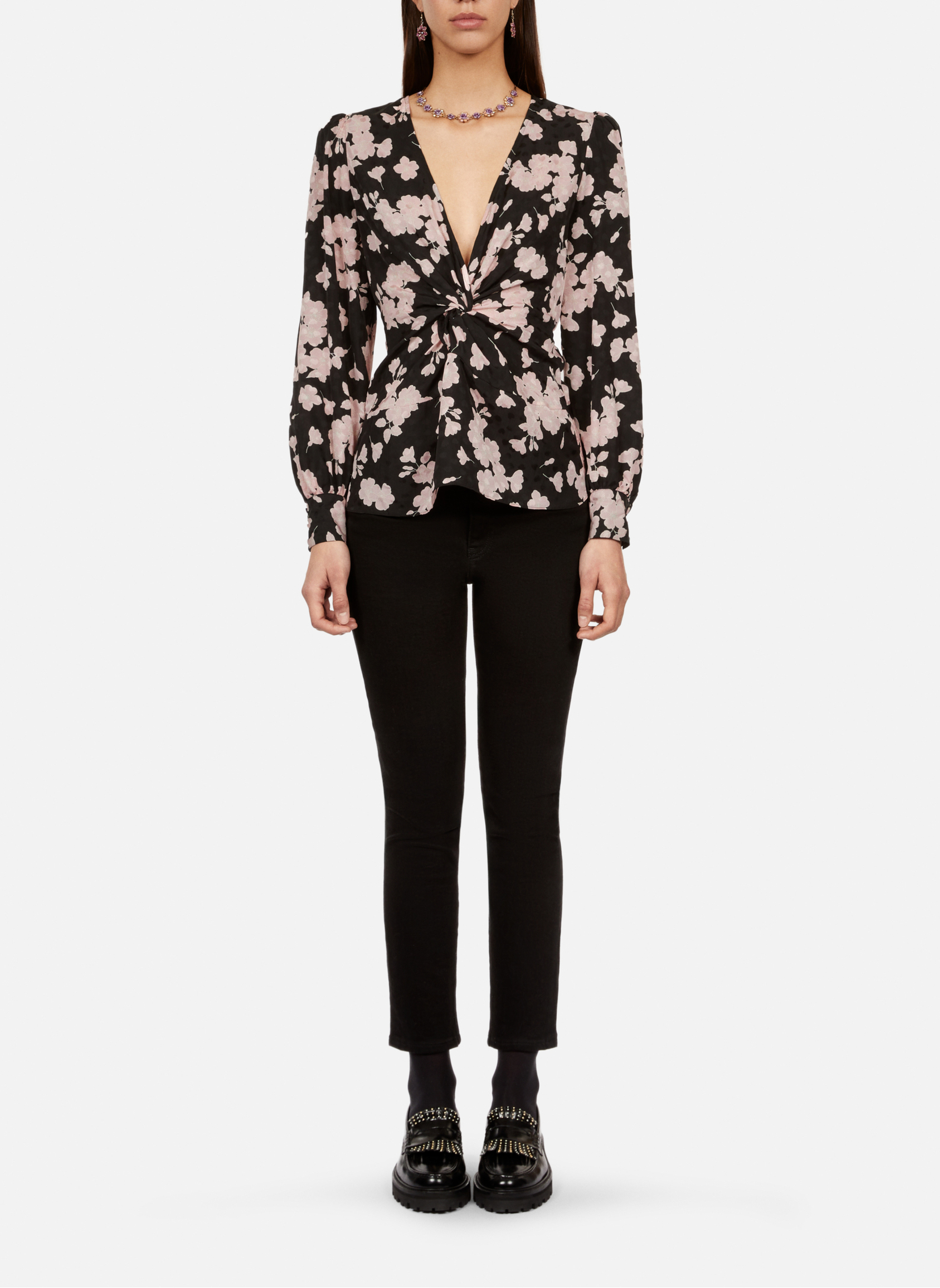 Printed V-neck top with drape THE KOOPLES Black