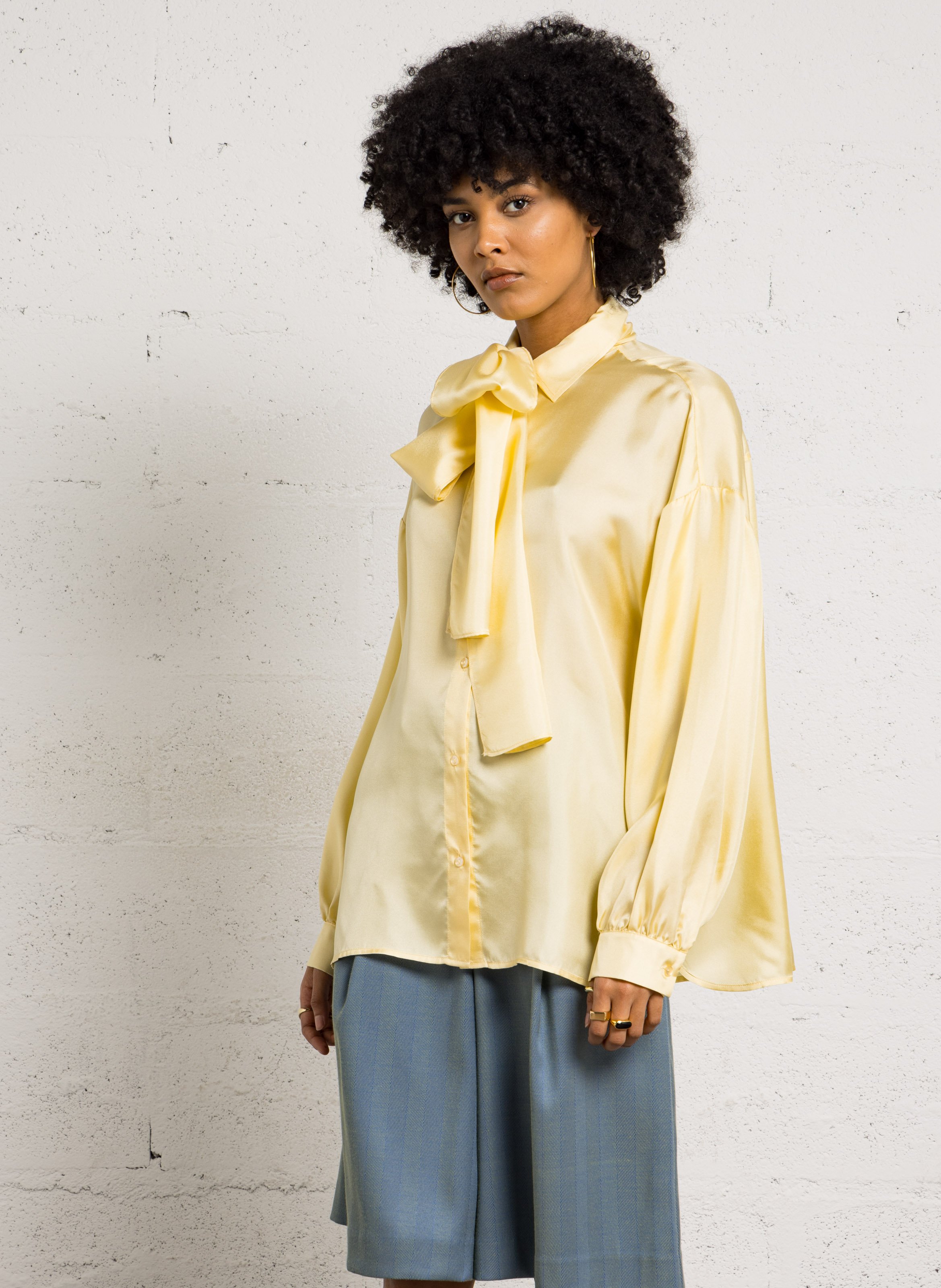 Oversized silk belted shirt STELLA NOVA Yellow