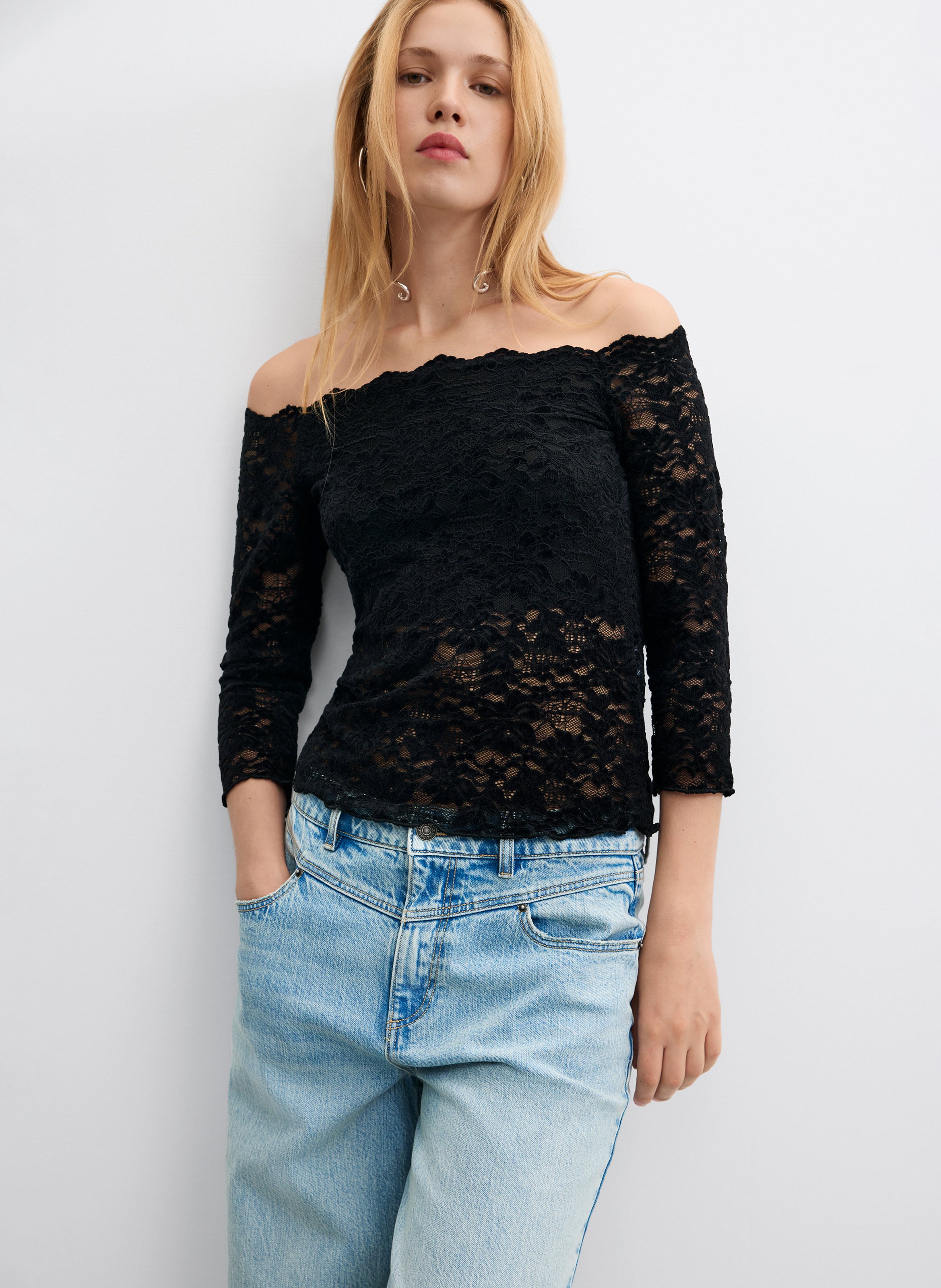 Aansluitende top met 3/4-mouwen van kant DESIGUAL Zwart