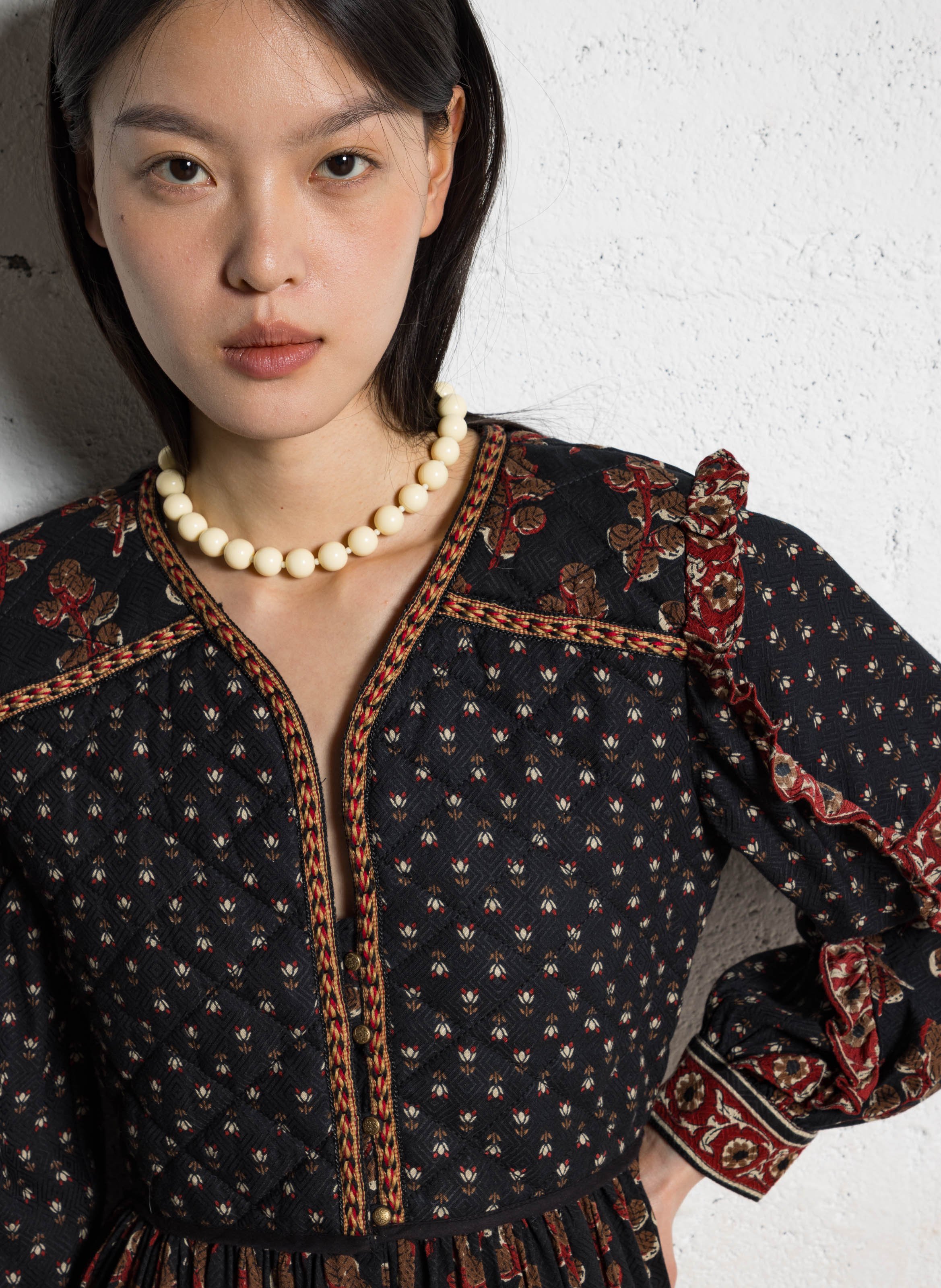 Long dress with split collar printed MAISON HOTEL Brown