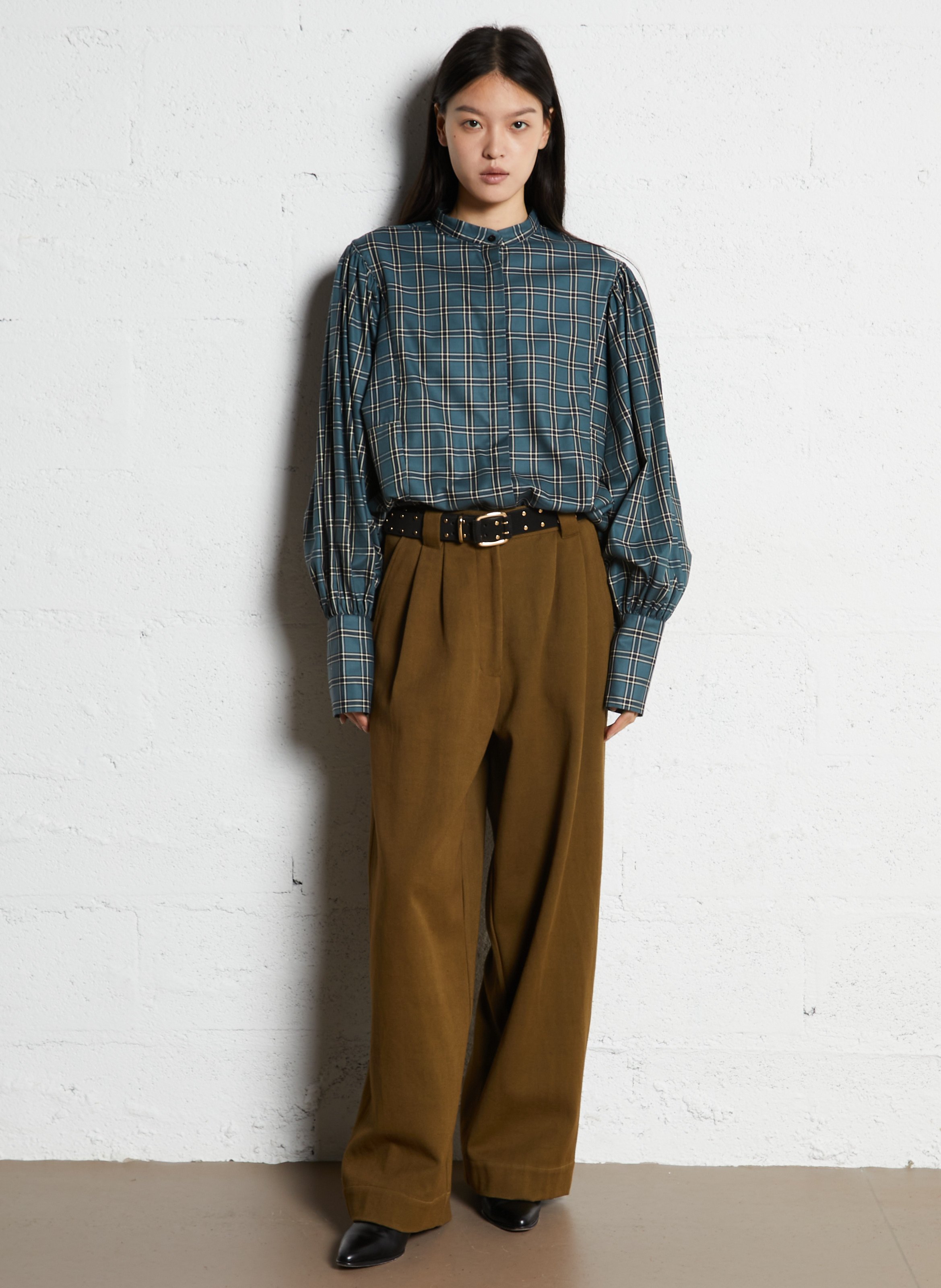 Round neck checkered button-up blouse V DE VINSTER Blue