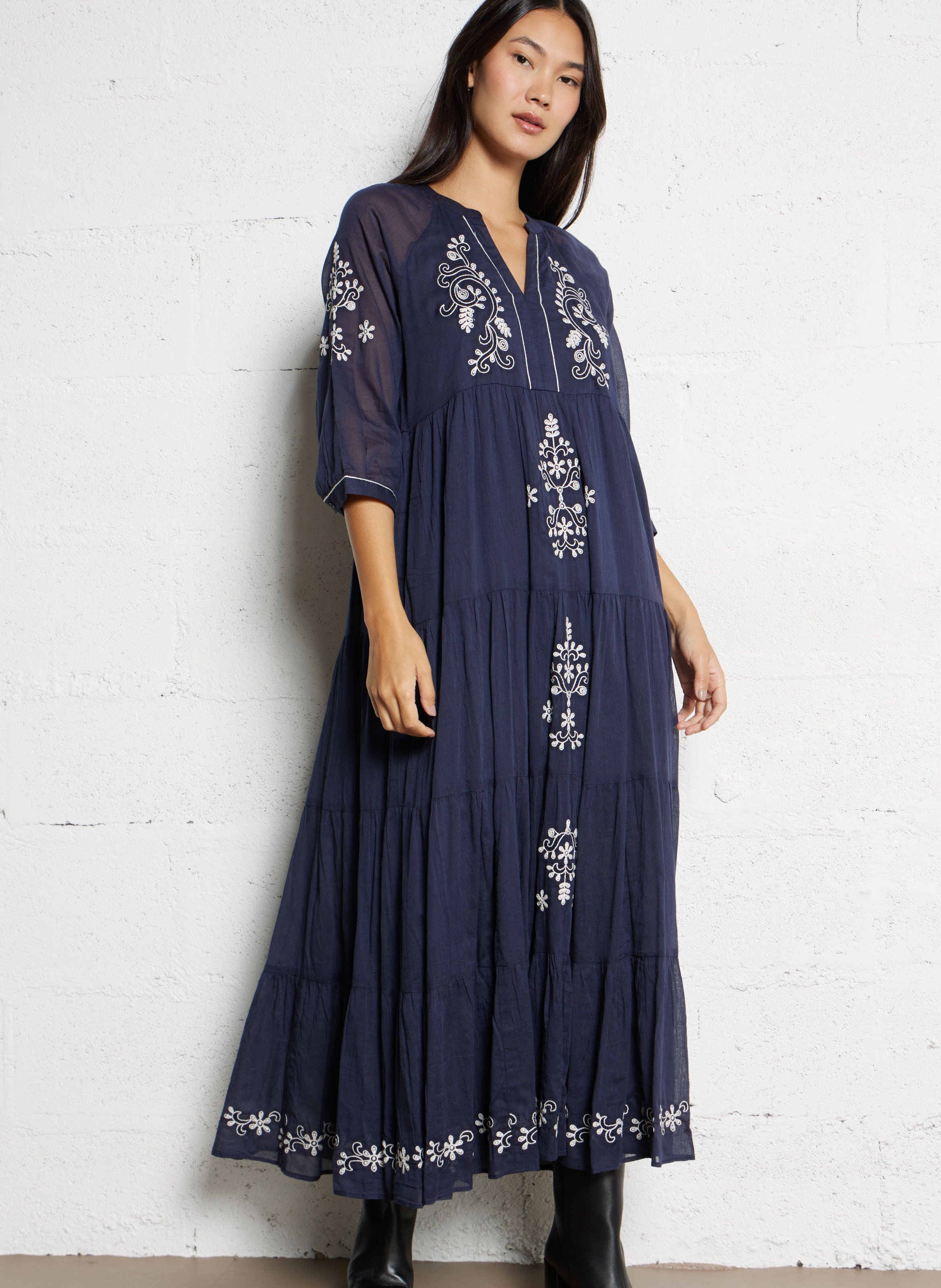 Robe longue ample à motifs brodés SUD EXPRESS Bleu