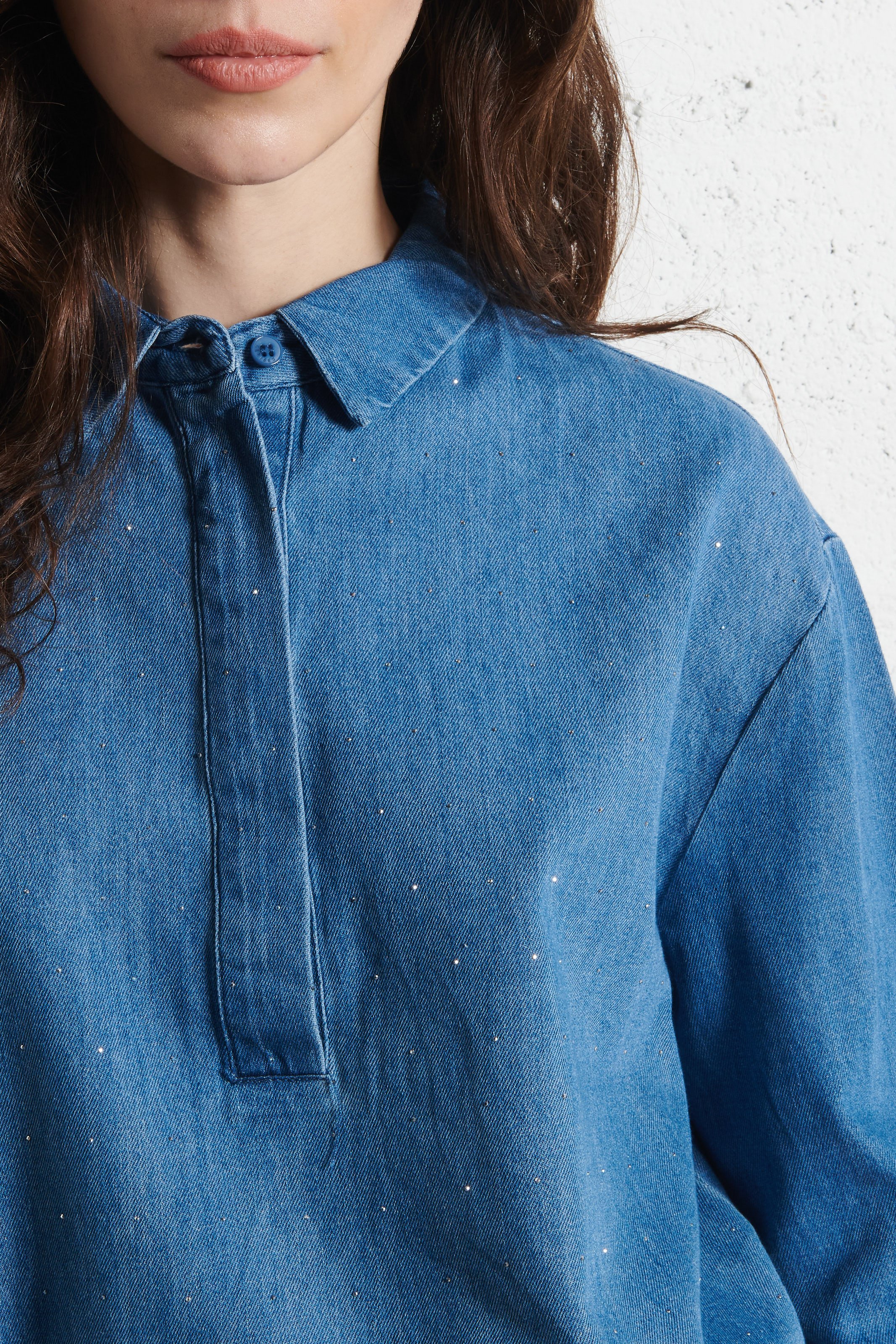 Long-sleeved denim top with rhinestones LE TEMPS DES CERISES Blue