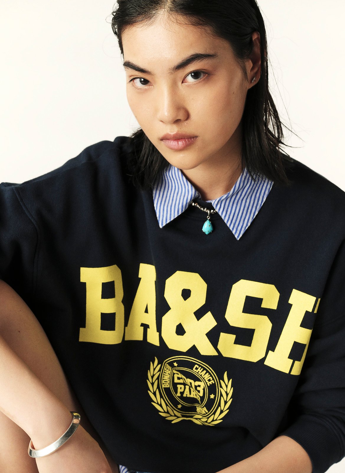 Pull oversize col rond en coton mélangé BA&SH Bleu