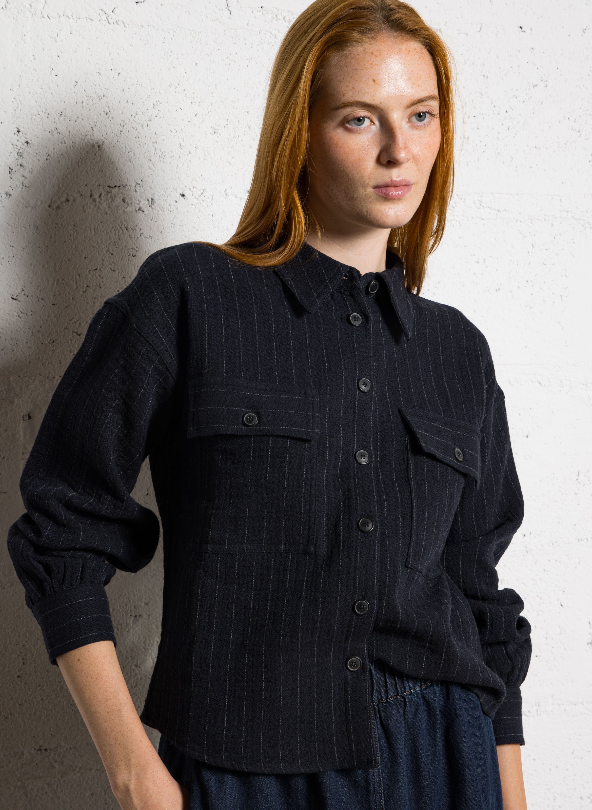 Chemise droite col classique en coton mélangé rayé MAISON 123 Bleu