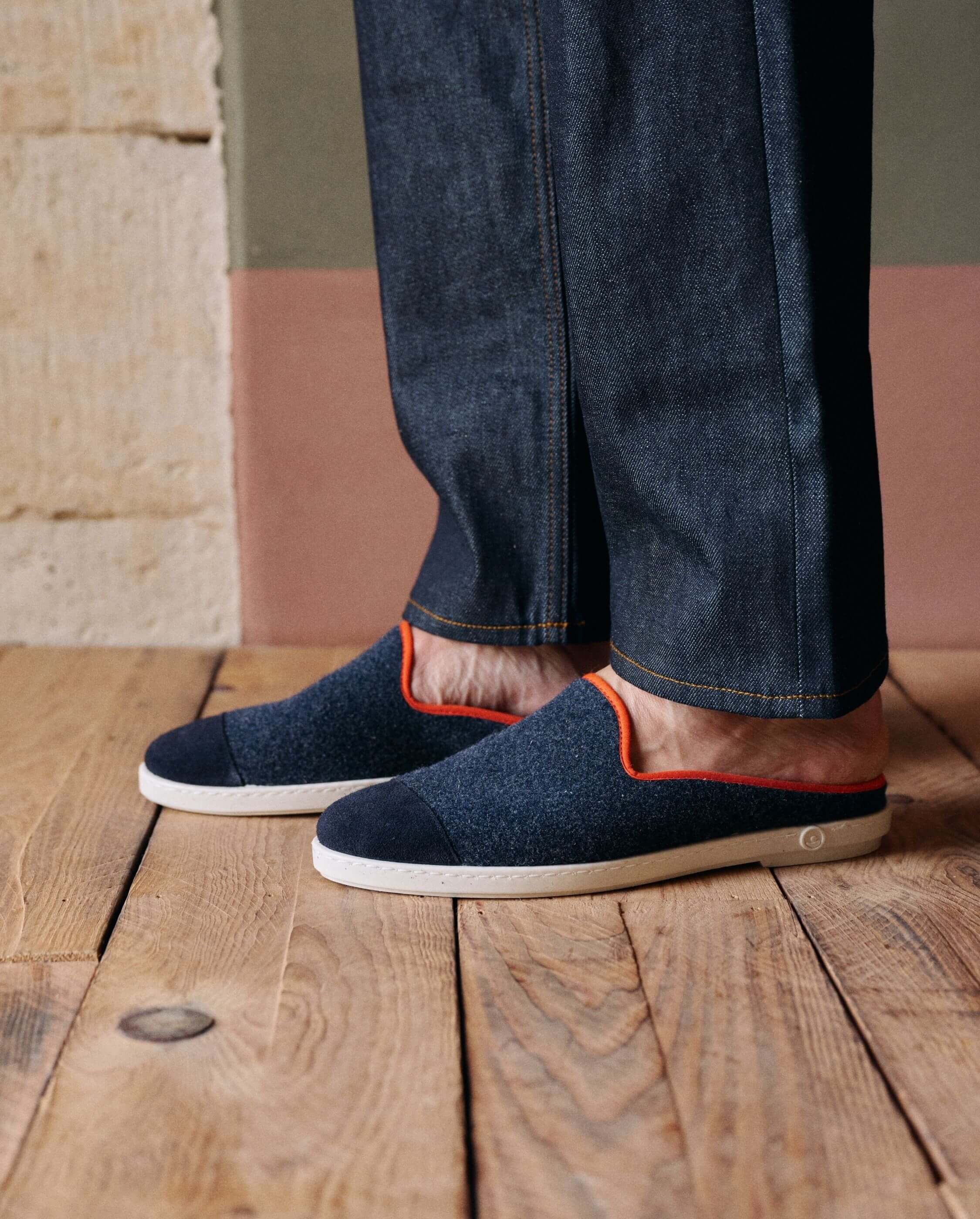Mule homme laine, marine orange ANGARDE Bleu