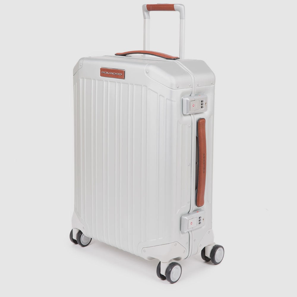 Large 4-wheel trolley suitcase in aluminum and leather with TSA lock PIQUADRO Grey