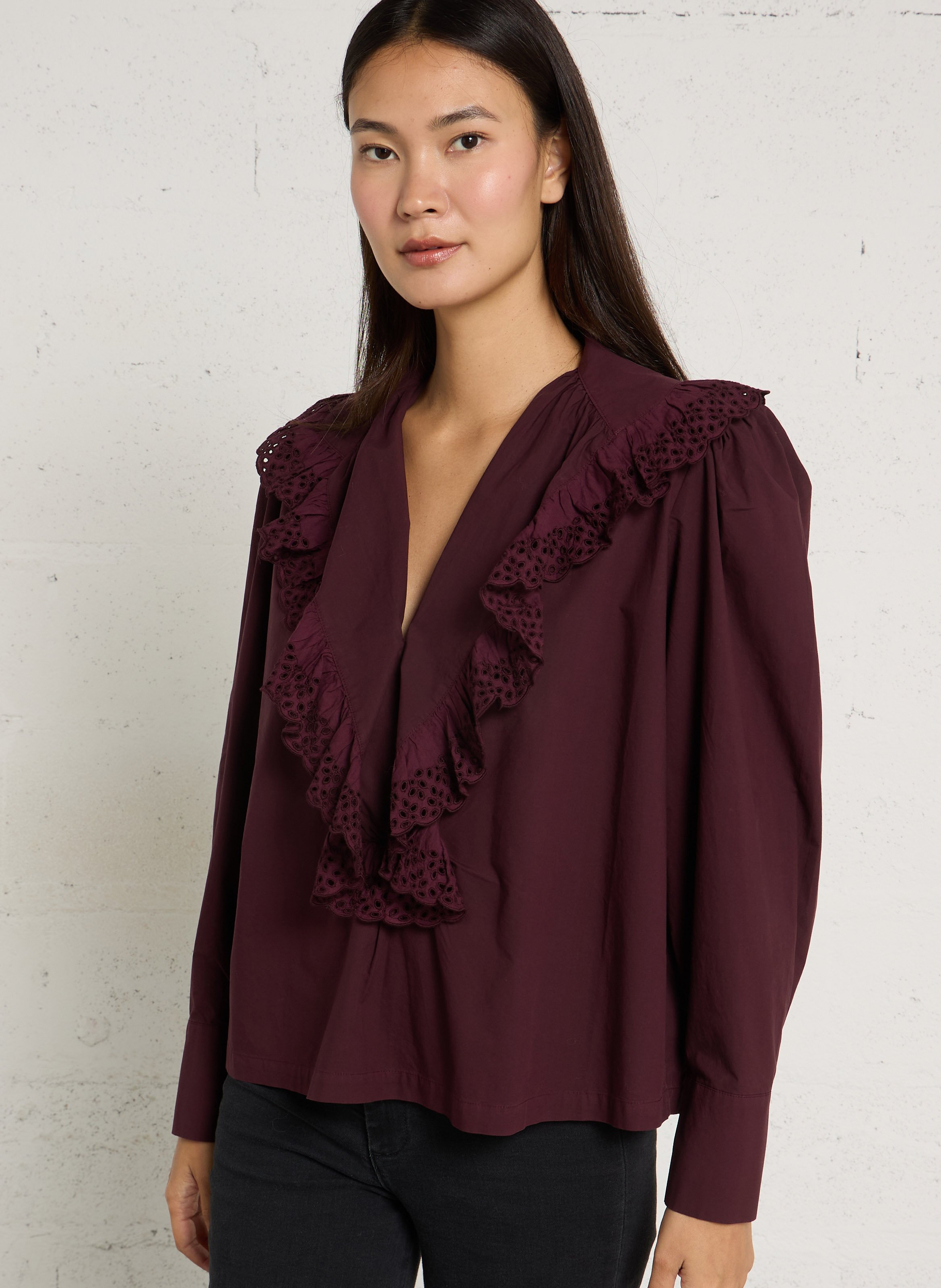 Ruime blouse met V-hals en volants van katoen THE NEW SOCIETY Rood