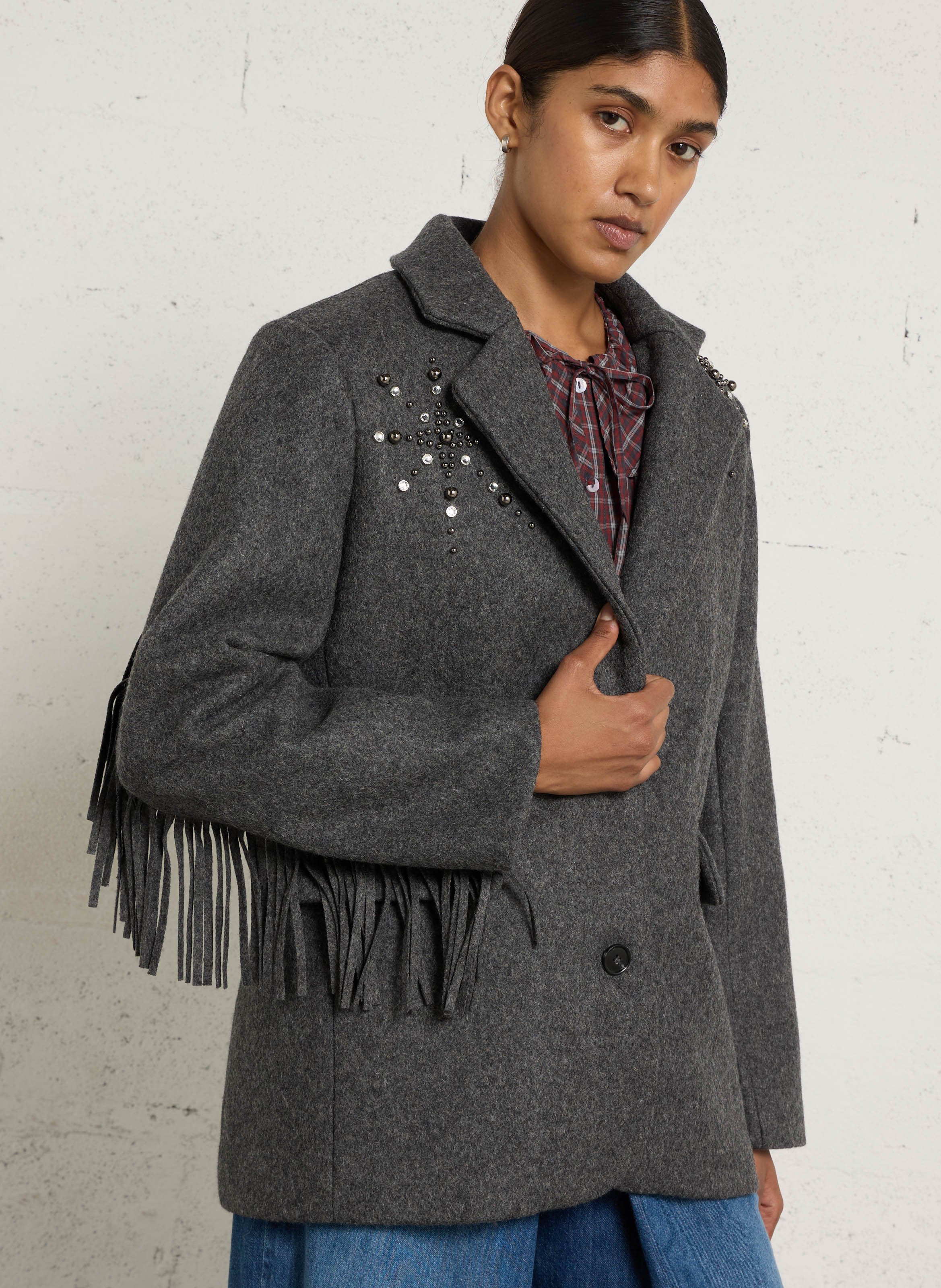 Veste à franges et strass en laine mélangée BERENICE Gris