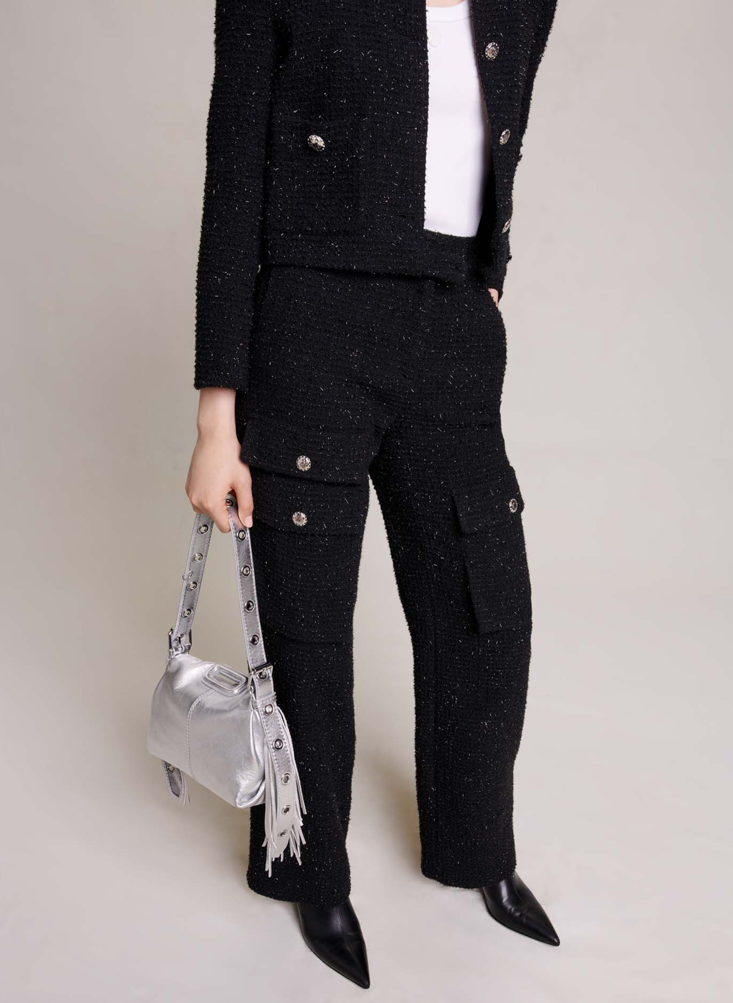 Pantalon Droit En Tweed De Coton M lang Noir Maje Femme Place