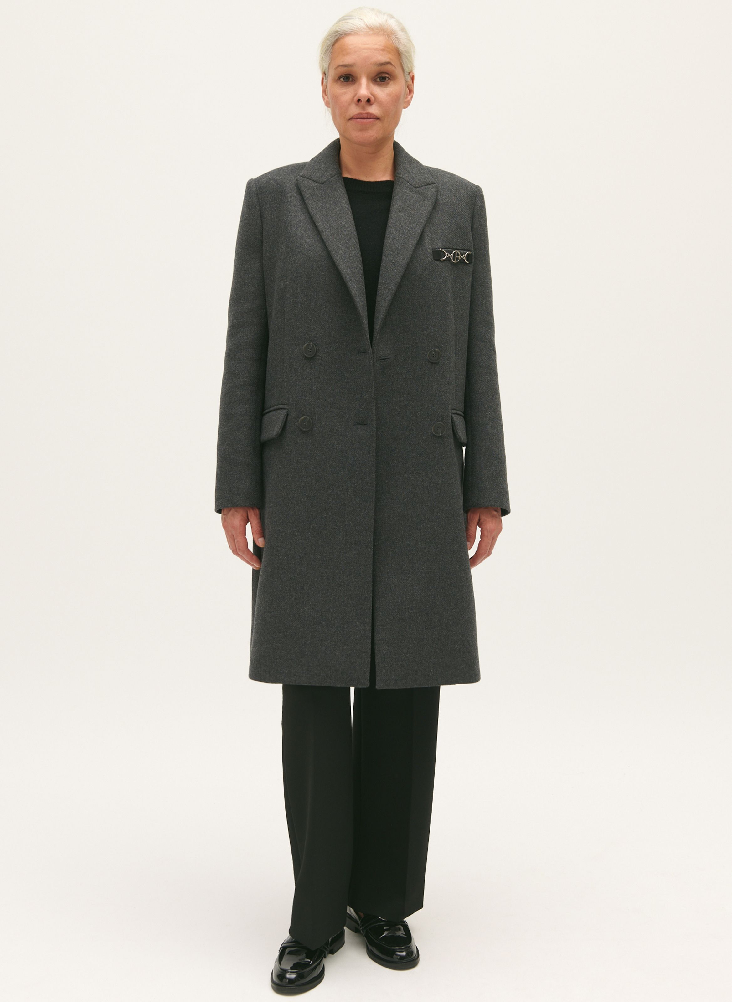 Straight Wool blend Coat With Tailored Collar Gris Anthracite