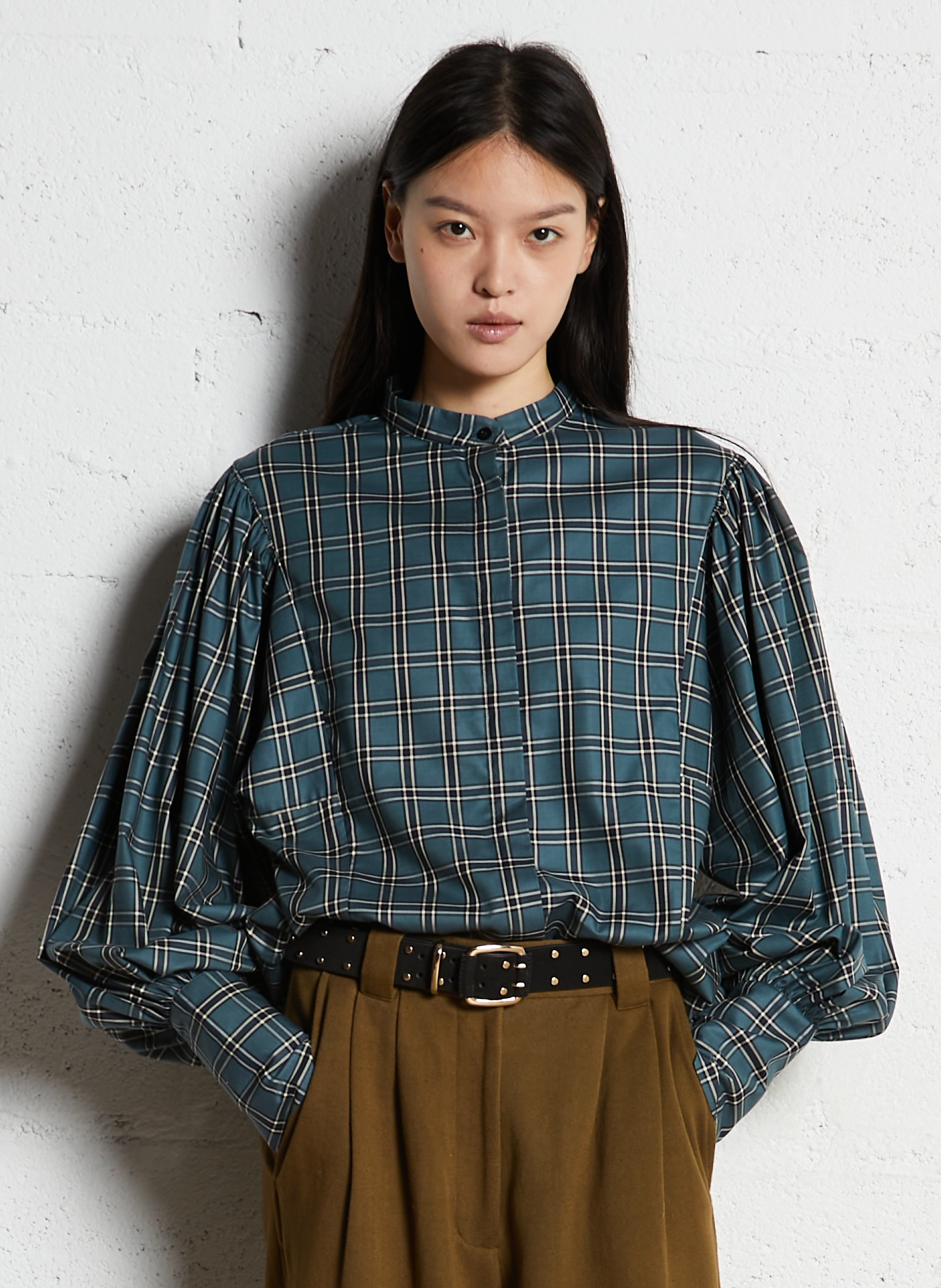 Round neck checkered button-up blouse V DE VINSTER Blue