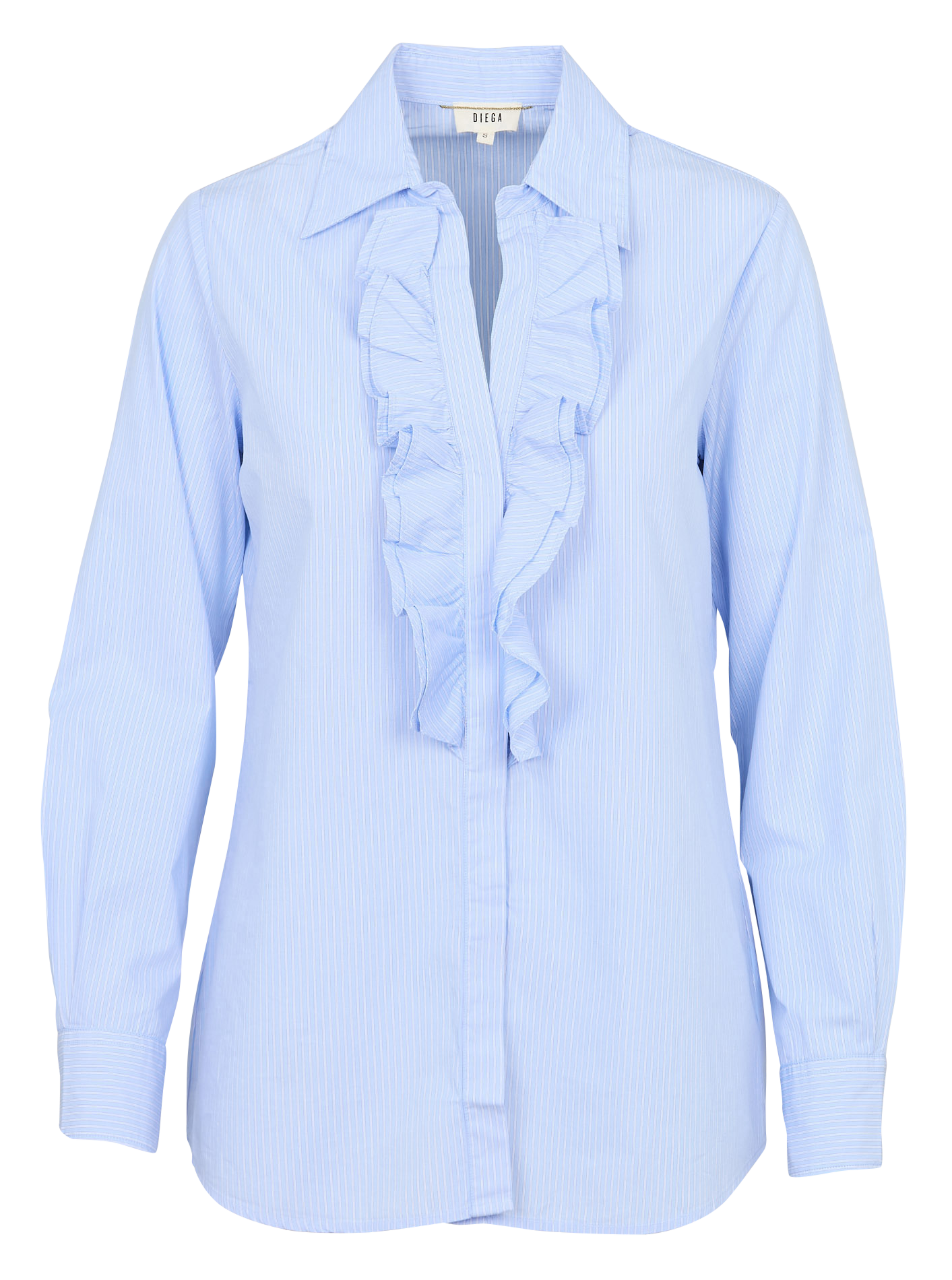 Chemise droite col V volanté en coton rayé DIEGA Blanc