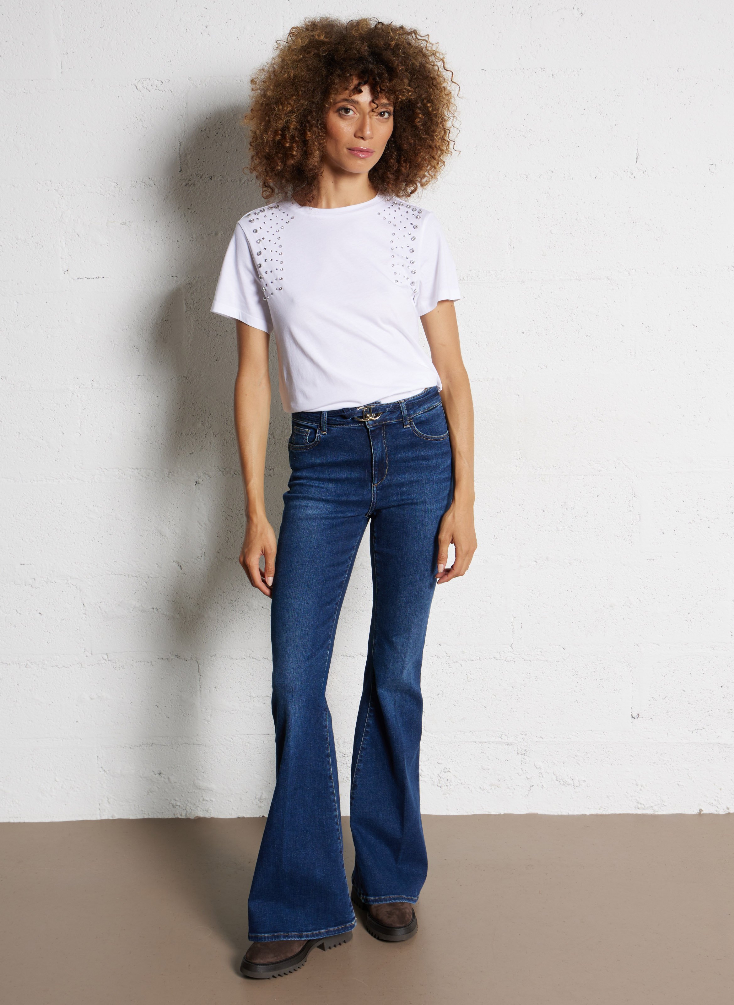 Plain cotton T-shirt with rhinestones LIU JO White