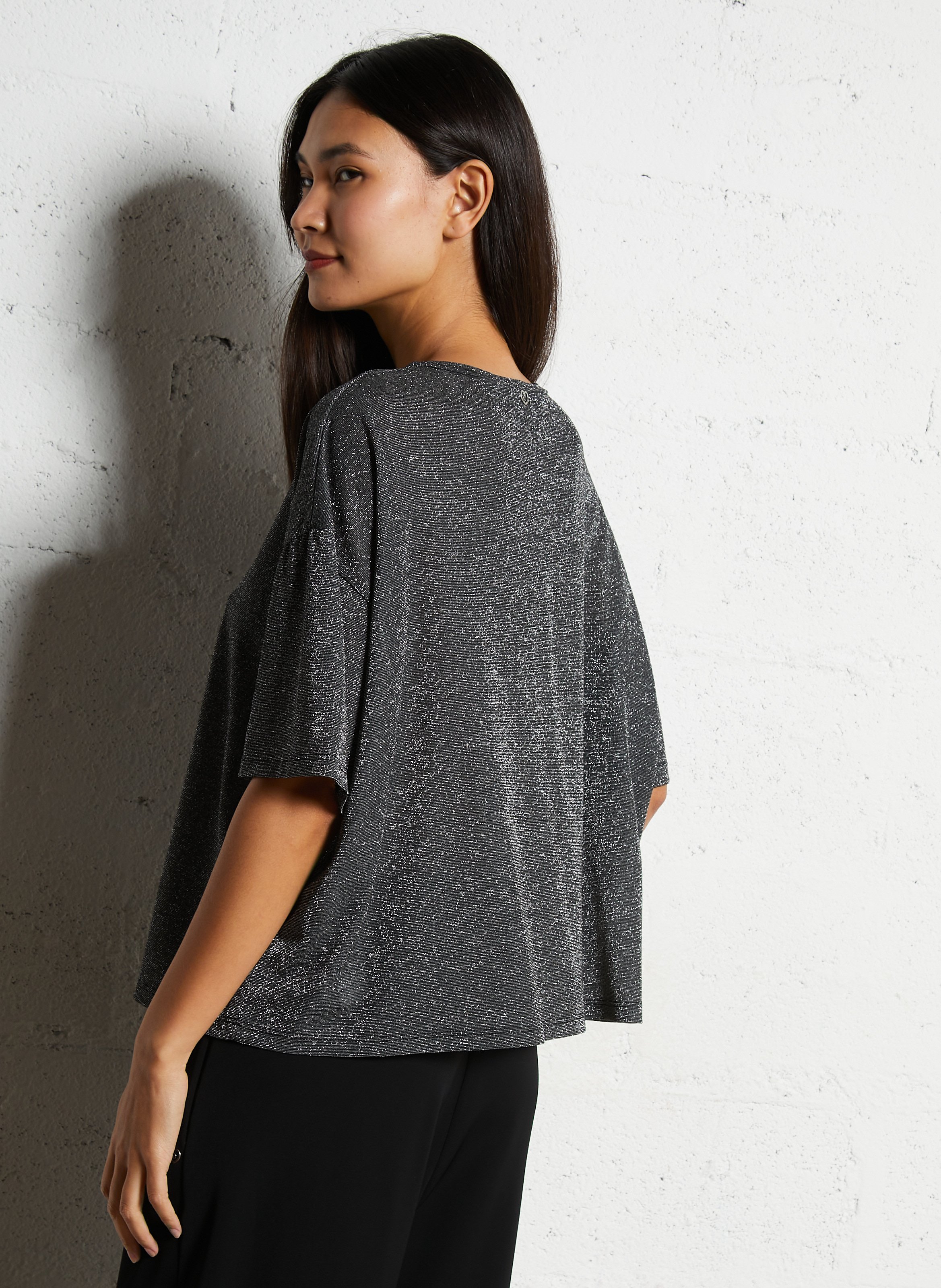 Wijde fluïde T-shirt met pailletten PLEASE Zilver