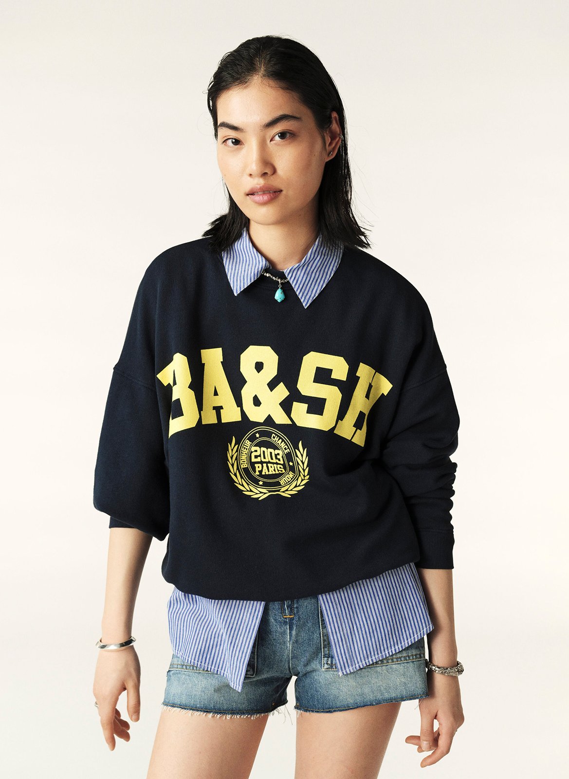 Pull oversize col rond en coton mélangé BA&SH Bleu