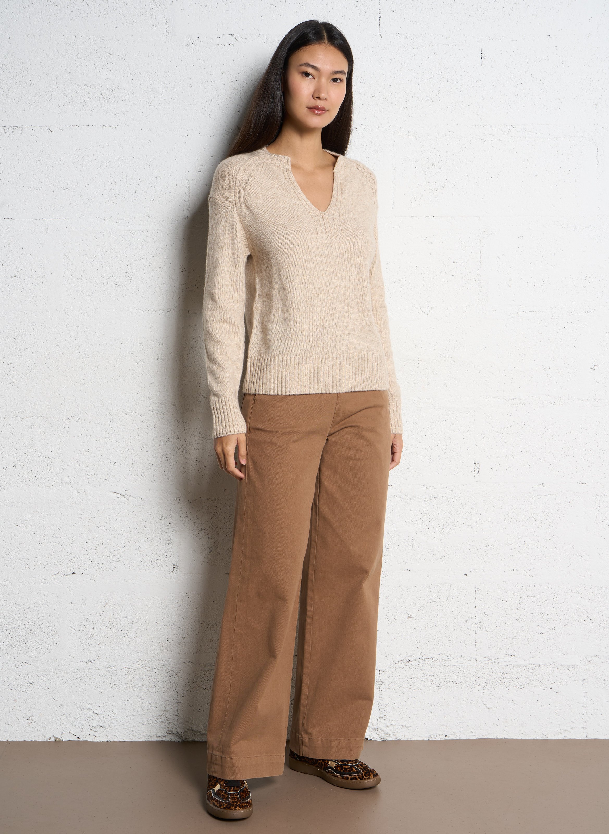 Pull col tunisien en coton mélangé SUD EXPRESS Beige