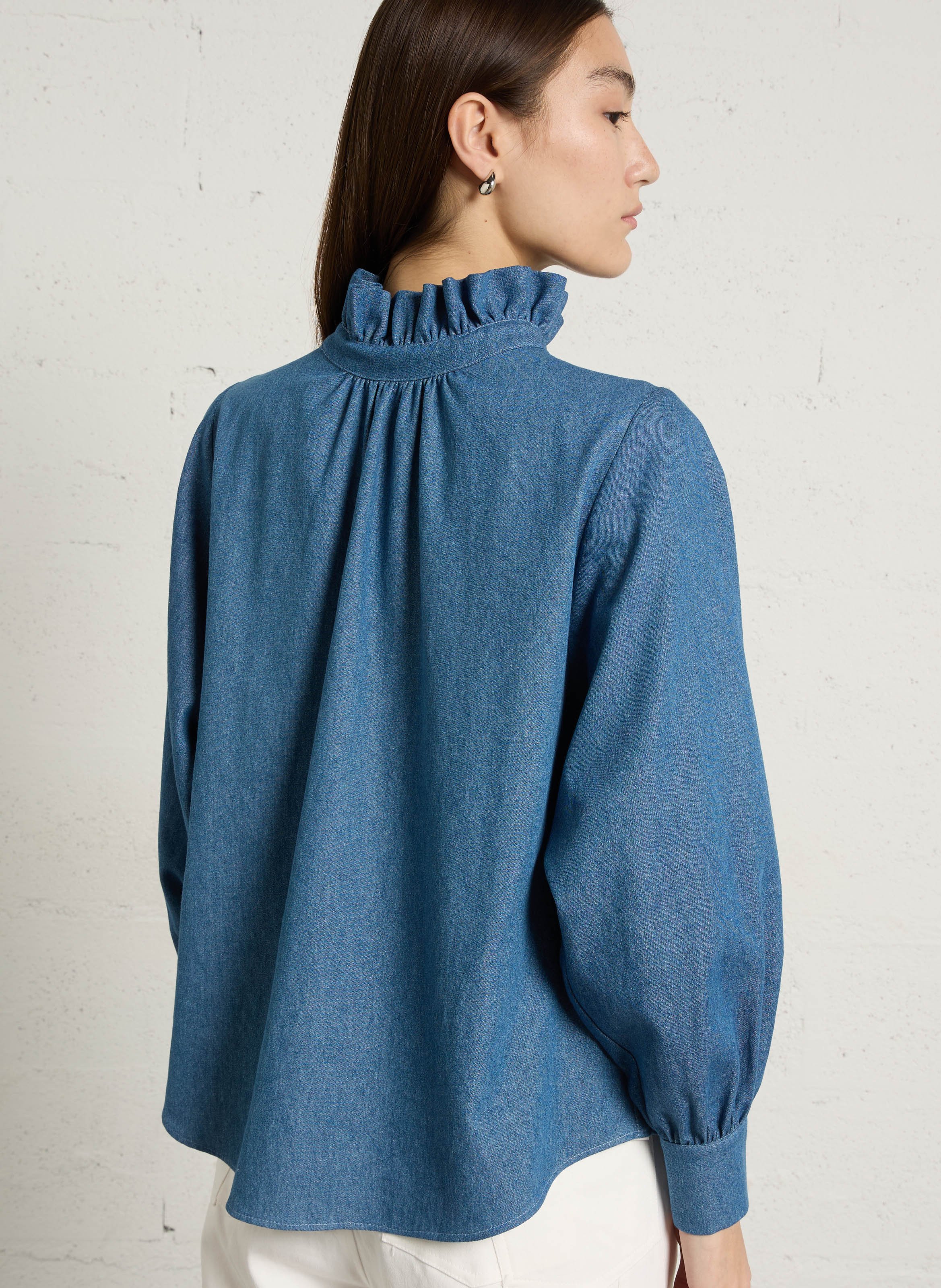 Chemisier col montant en denim ELISE CHALMIN Bleu