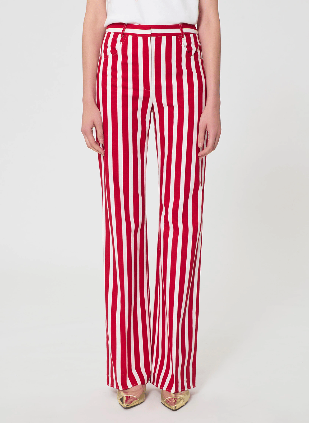 Pantalon tailleur rayé en lin et coton TARA JARMON Rouge