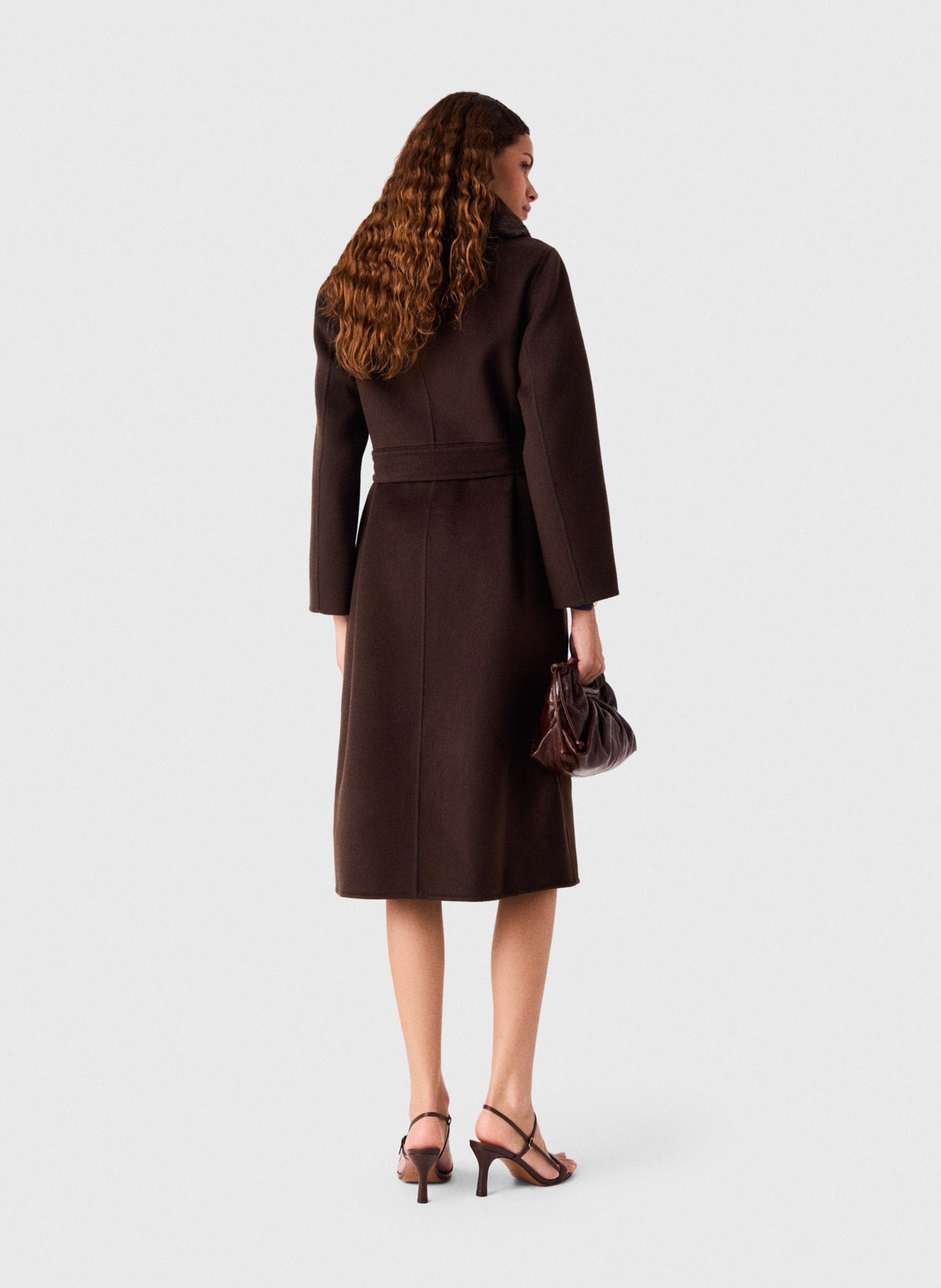 Manteau cintrée col classique à fourrure synthétique en laine mélangée  MAJE Marron