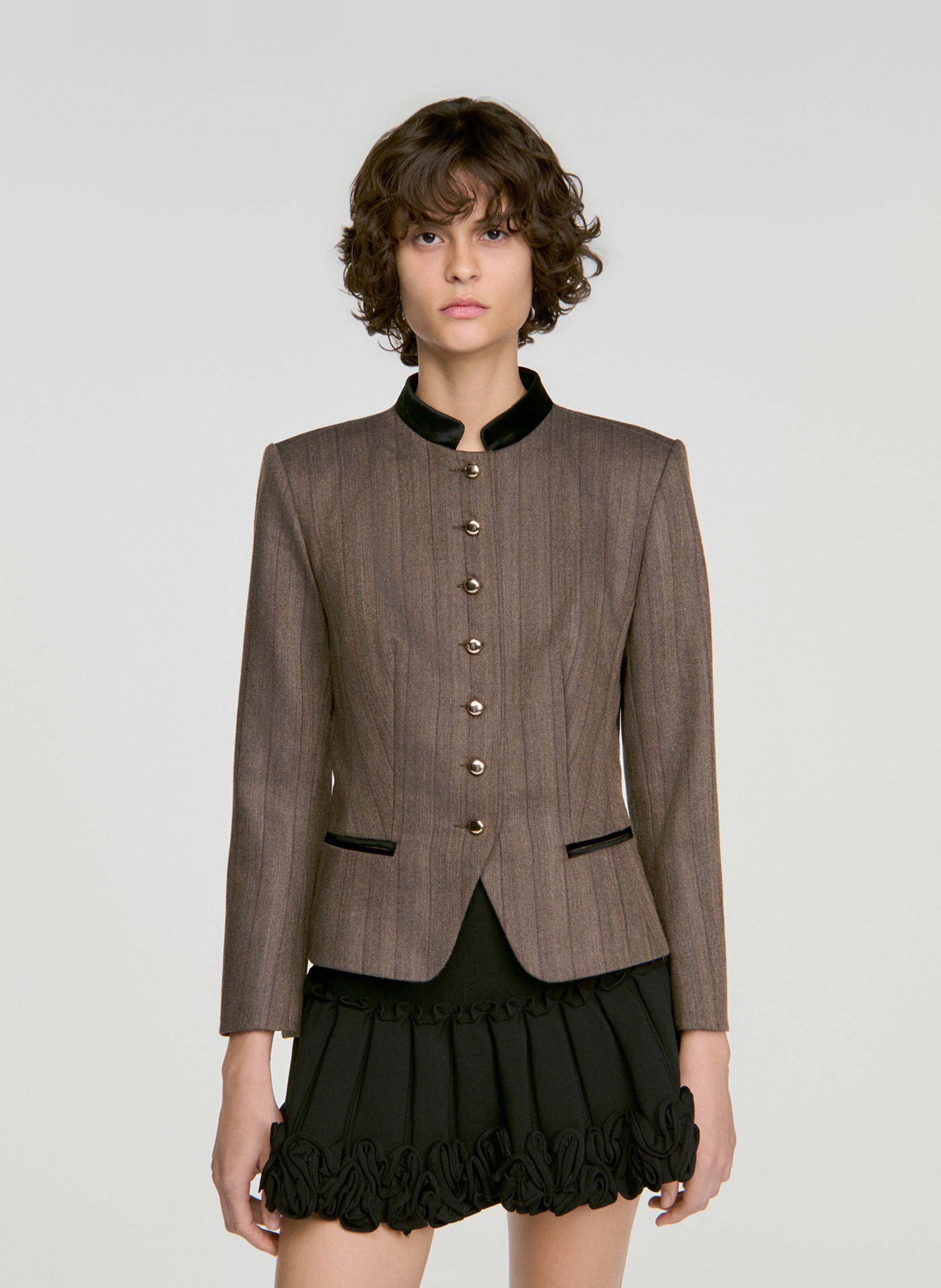 Wool-blend stand-collar tailored jacket SANDRO Beige