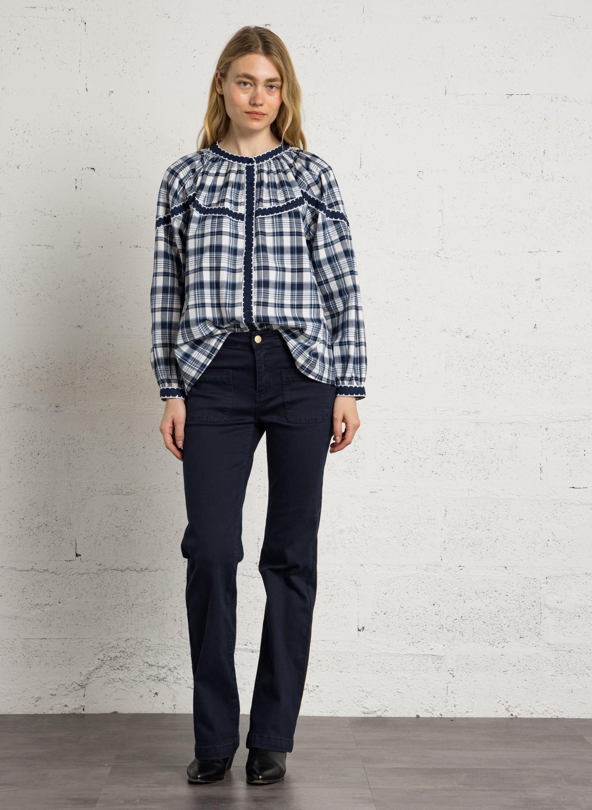 Rechte katoenen blouse met ronde hals en ruitdessin SUD EXPRESS Blauw