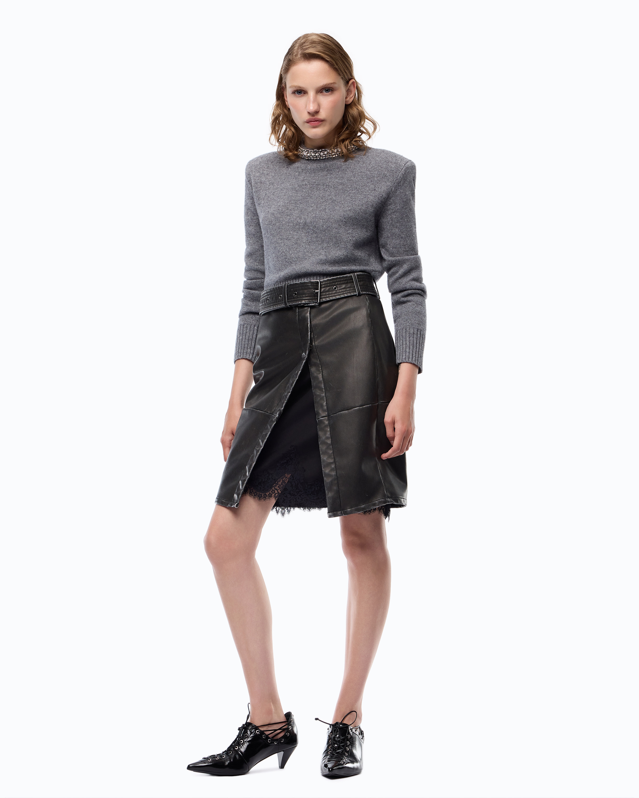 Knee-length belted faux leather skirt with a slit PINKO Grey