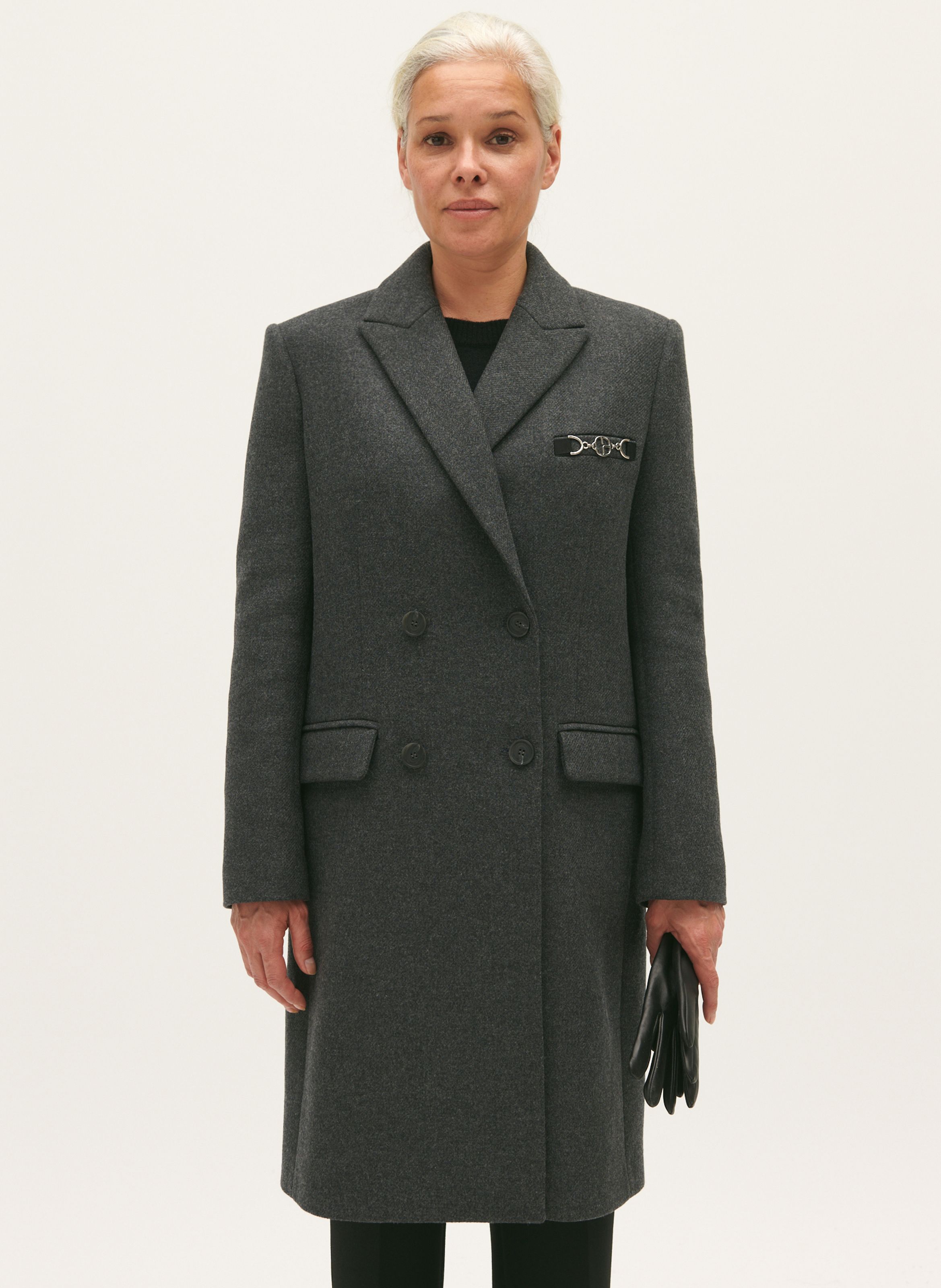 Straight Wool blend Coat With Tailored Collar Gris Anthracite