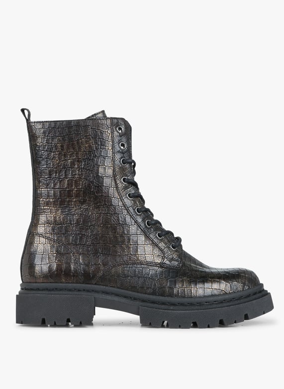 Black Crocodile embossed leather ankle boots