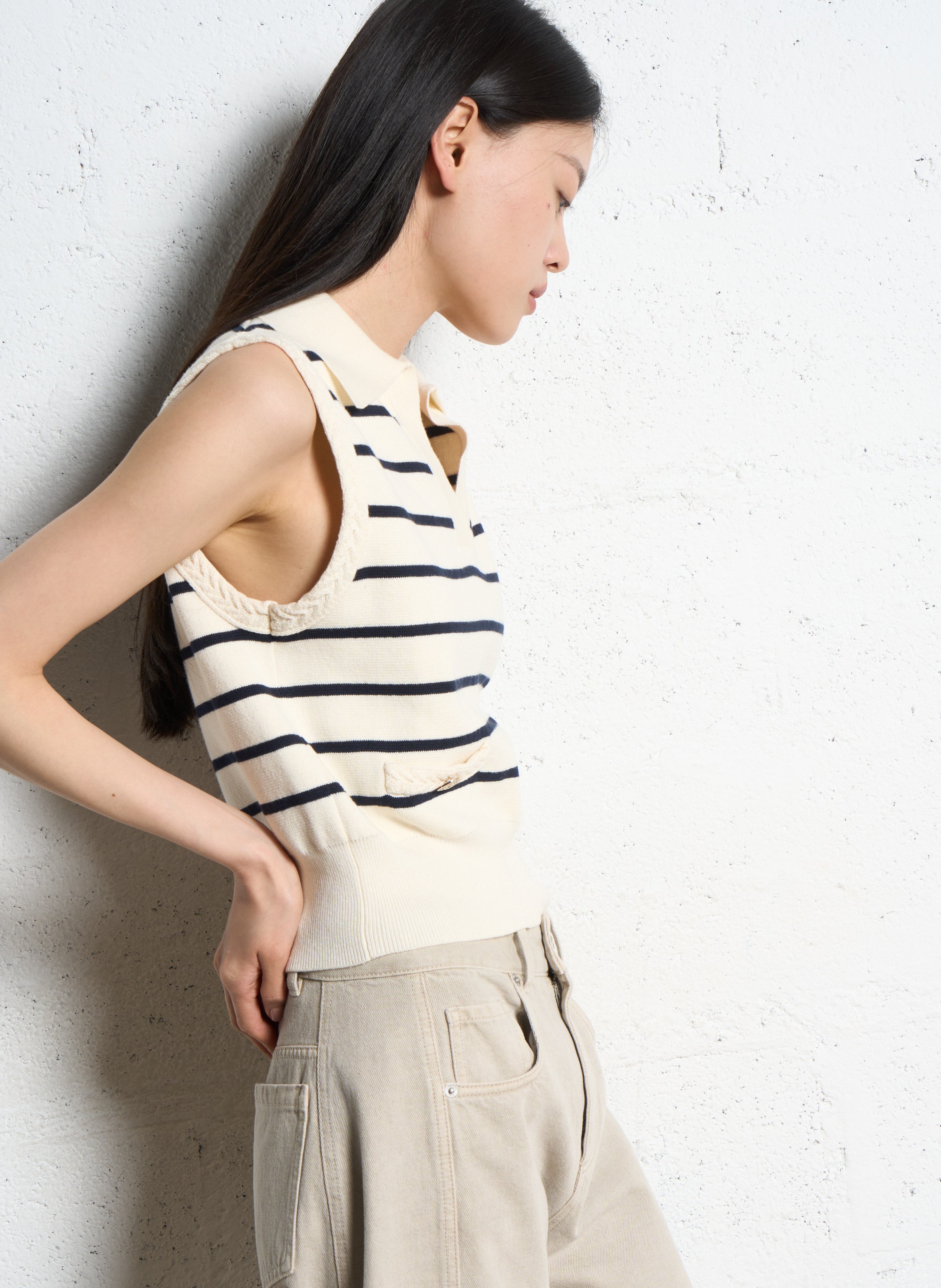 Pull col polo sans manches à rayures  IKKS Blanc