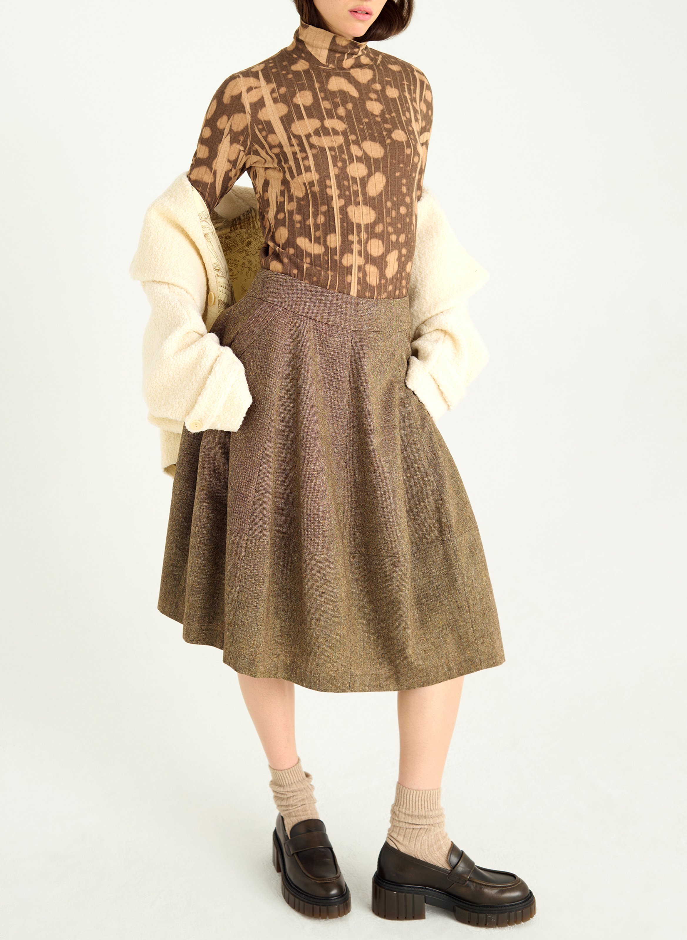 Jupe midi évasée chinée COTELAC Marron