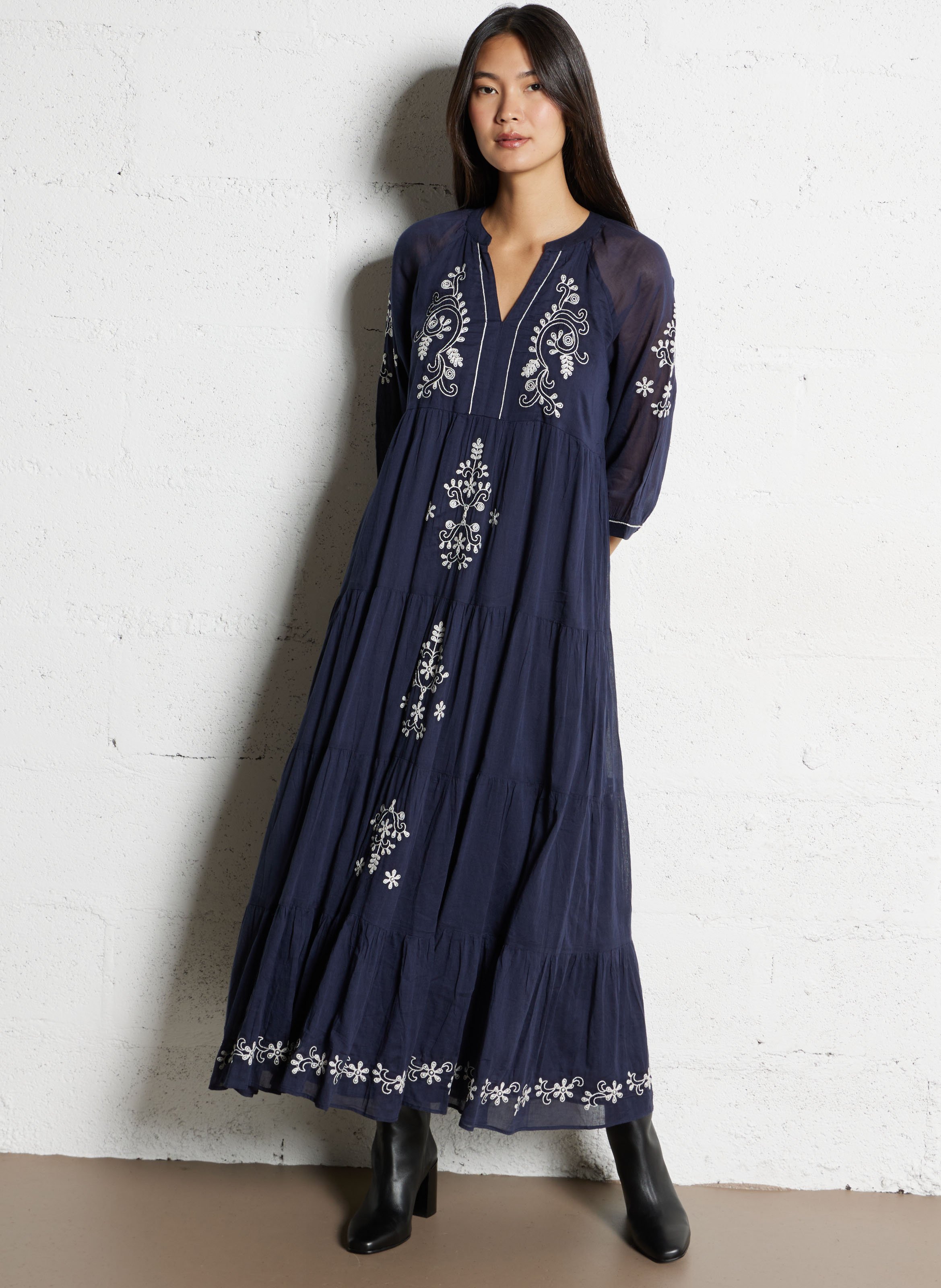 Robe longue ample à motifs brodés SUD EXPRESS Bleu