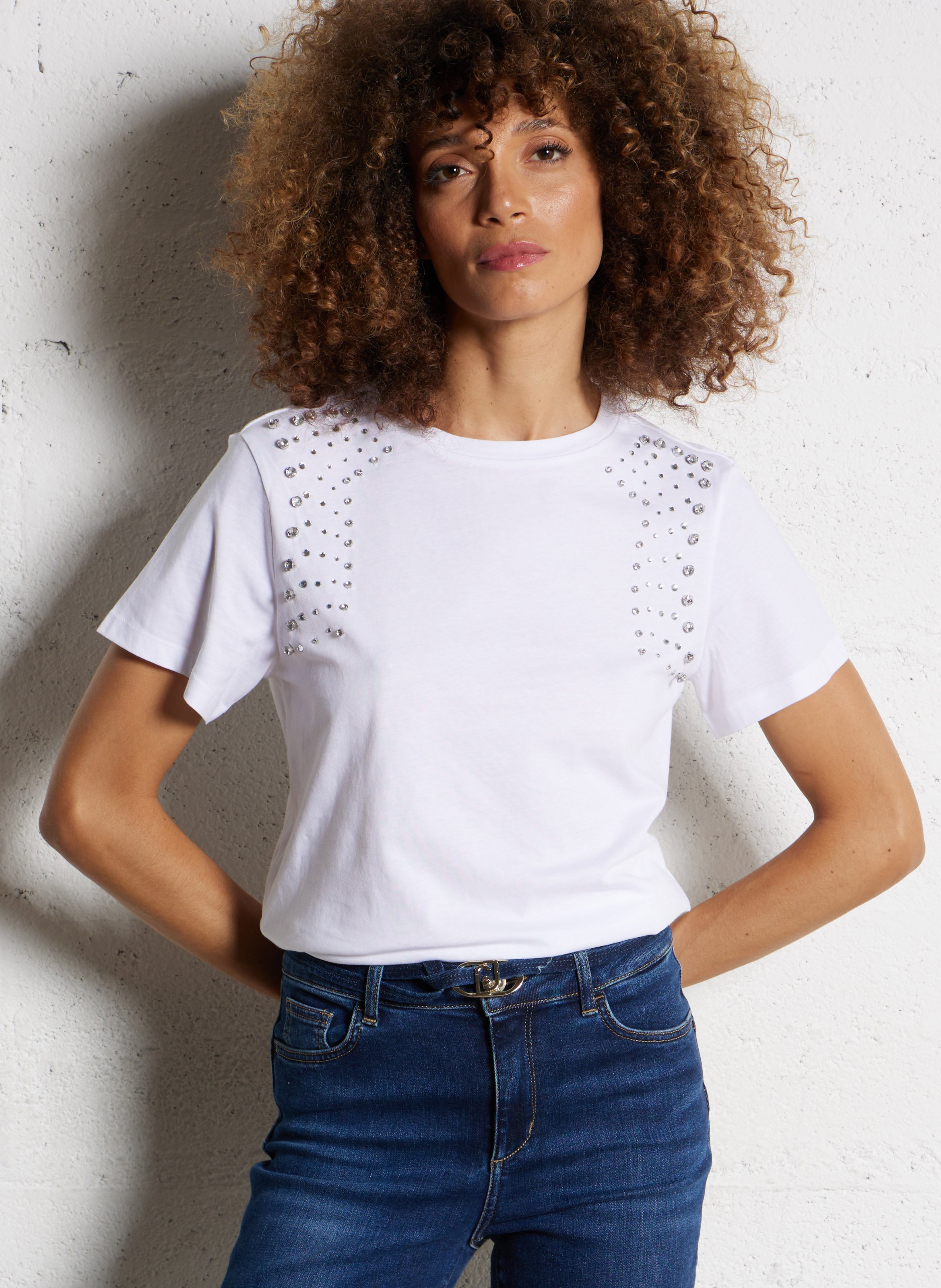 Plain cotton T-shirt with rhinestones LIU JO